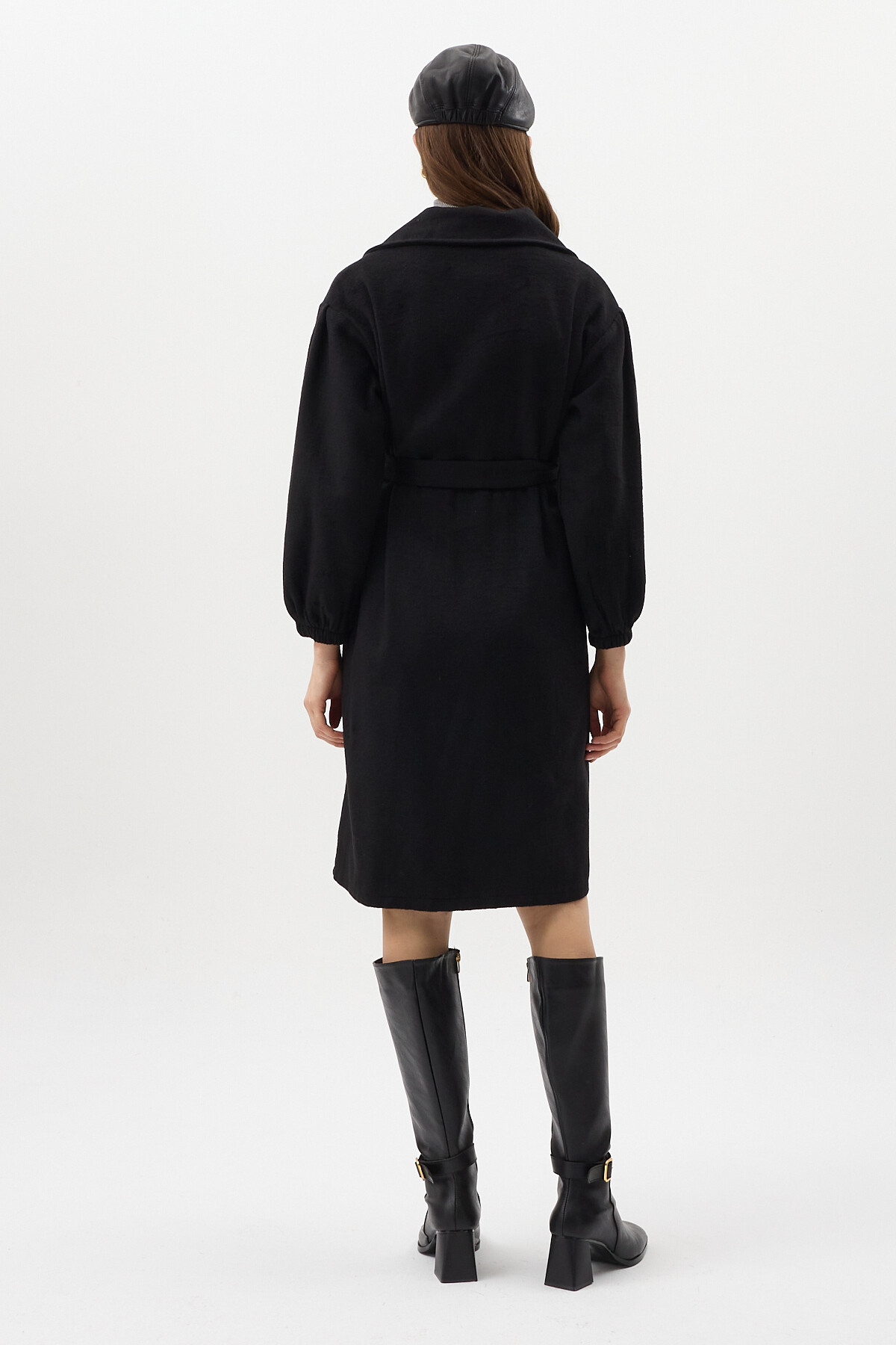 Siyah Belden Bağlamalı Uzun Kaşe Kadın Kaban 3062A - 5