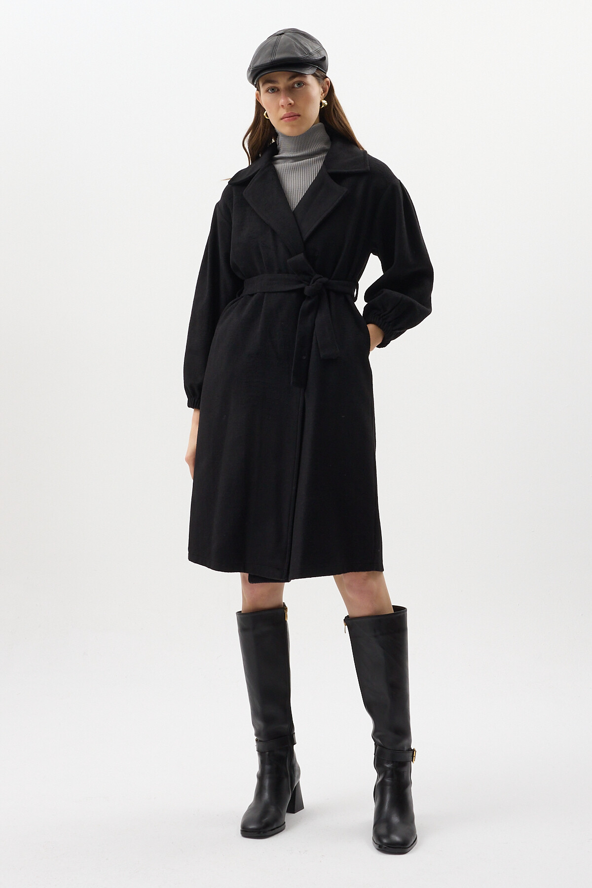 Siyah Belden Bağlamalı Uzun Kaşe Kadın Kaban 3062A - 6