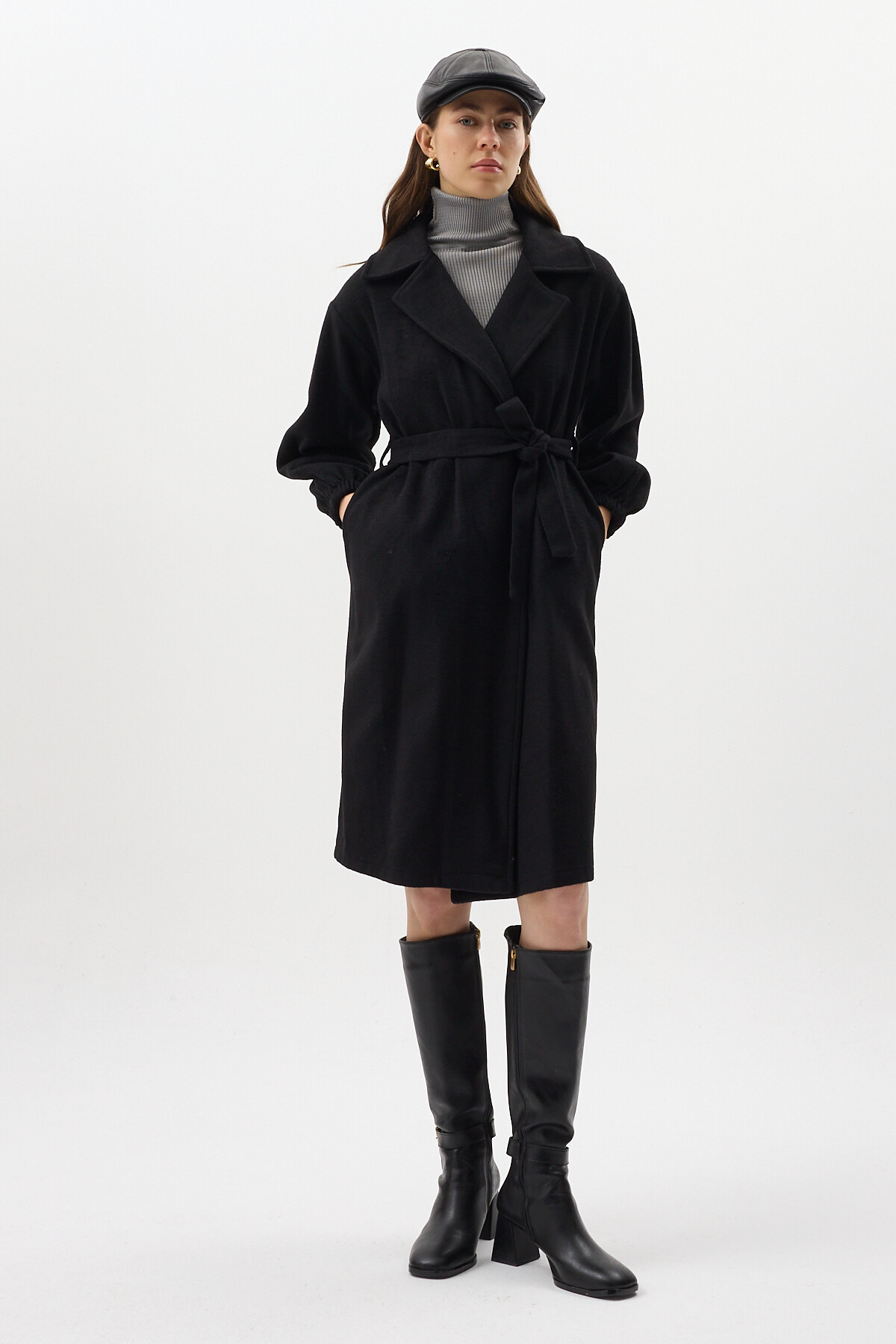 Siyah Belden Bağlamalı Uzun Kaşe Kadın Kaban 3062A - 7