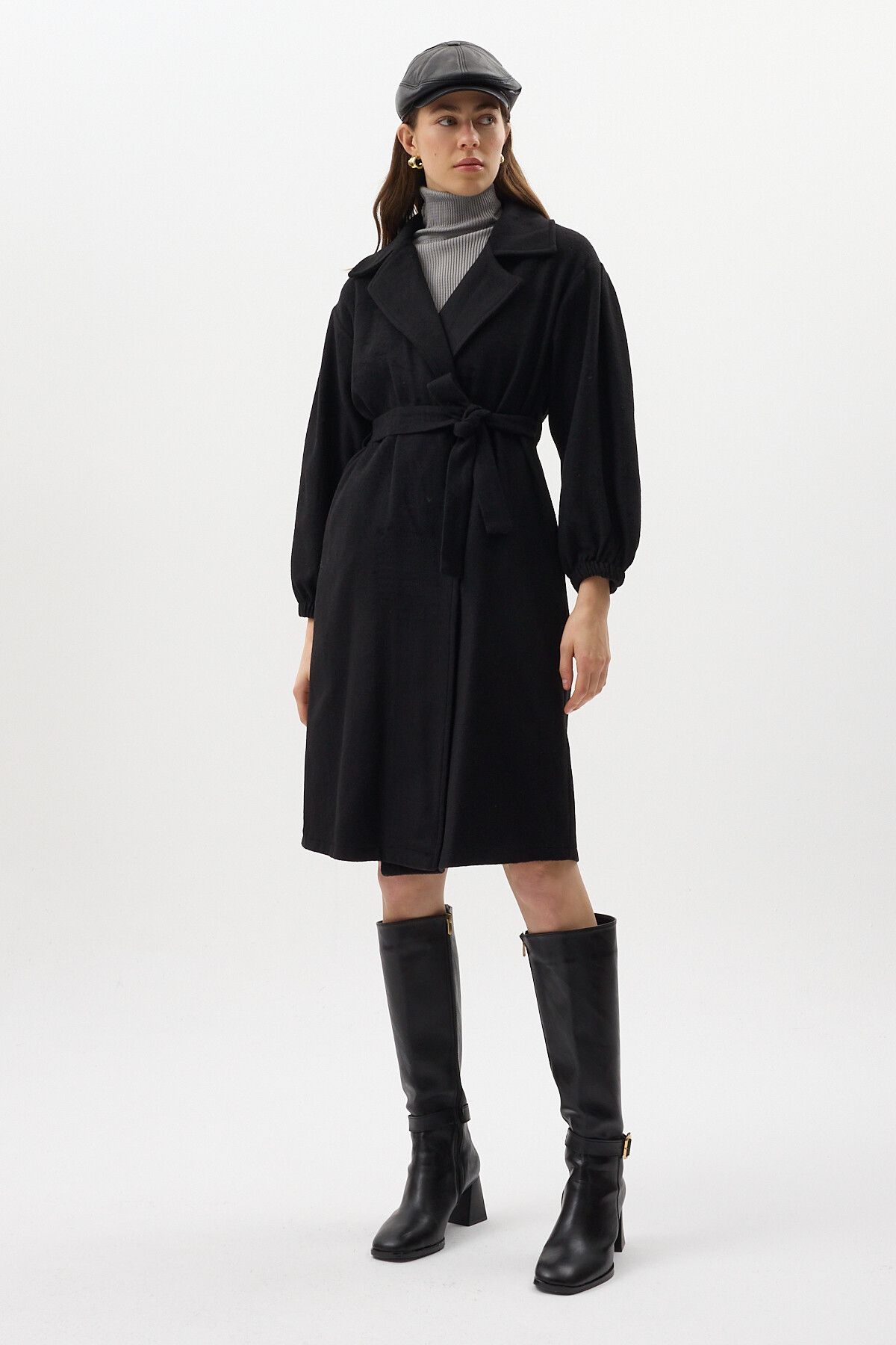 Siyah Belden Bağlamalı Uzun Kaşe Kadın Kaban 3062A - RAYS