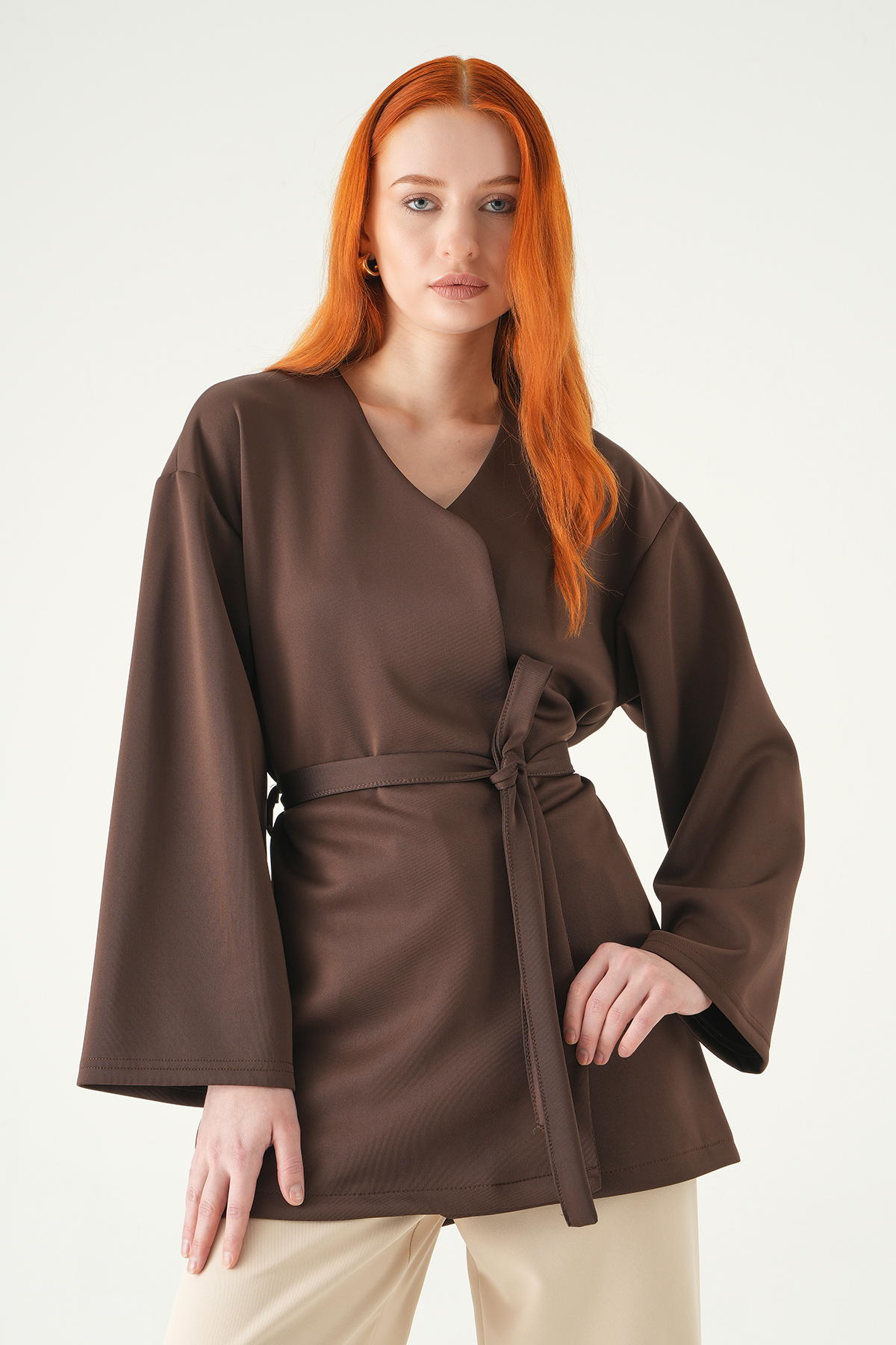 Kahve Kuşaklı Geniş Kol Kimono 3068A - 2