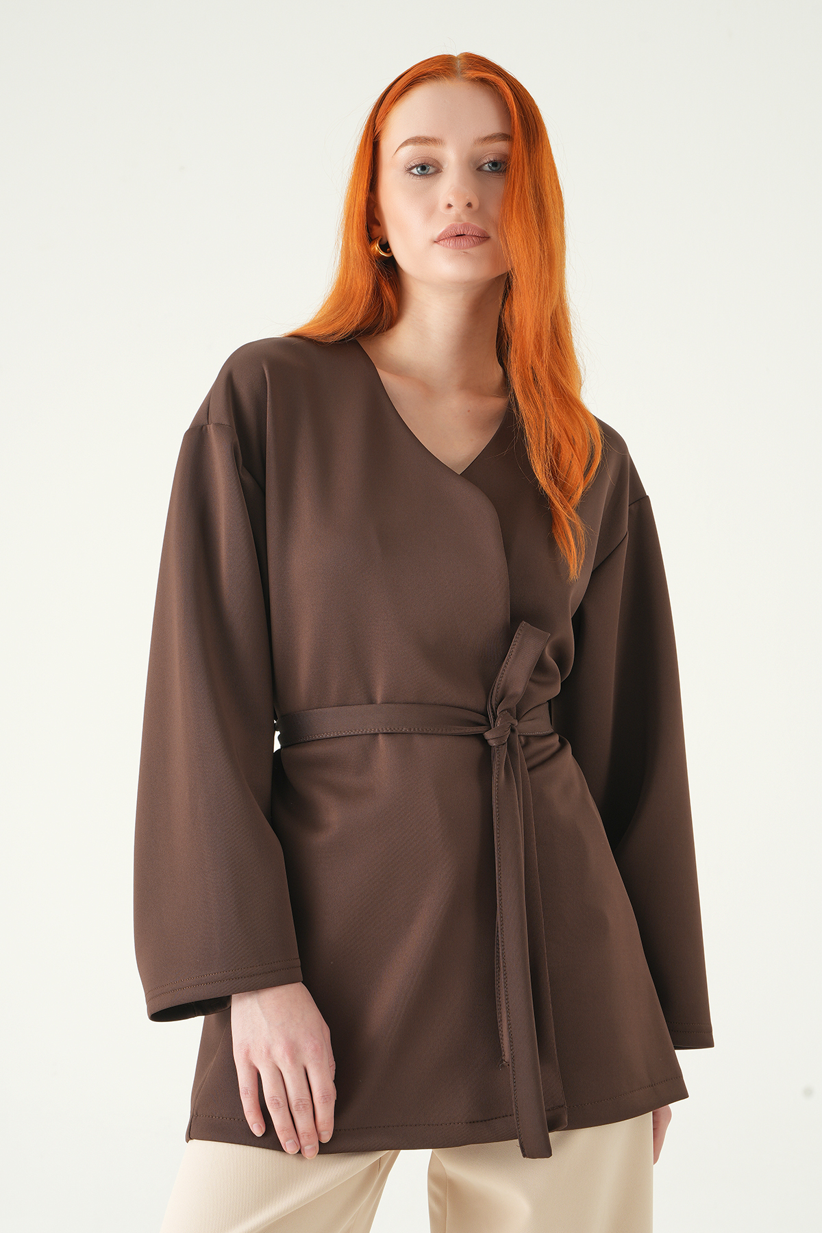 Kuşaklı Geniş Kol Kimono 3068A Kahve - RAYS