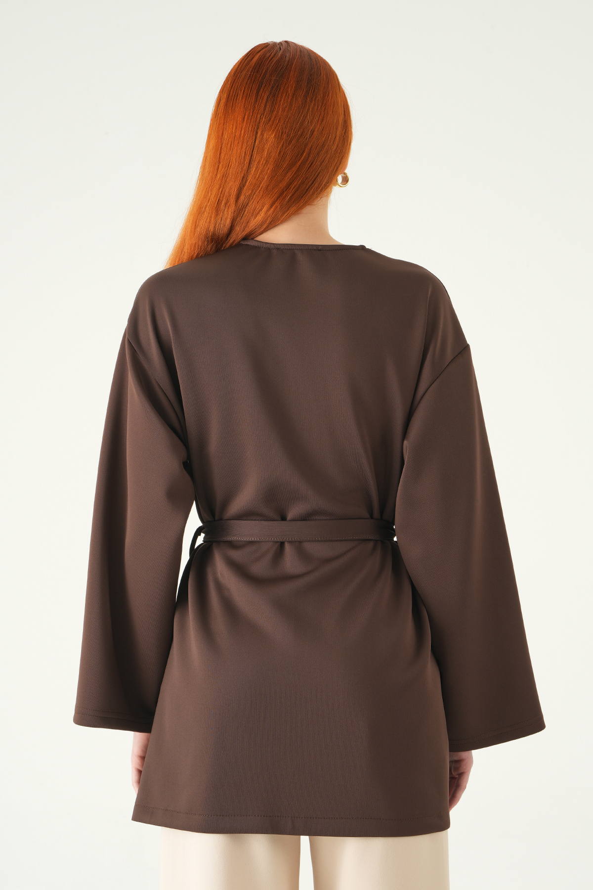 Kuşaklı Geniş Kol Kimono 3068A Kahve - 5