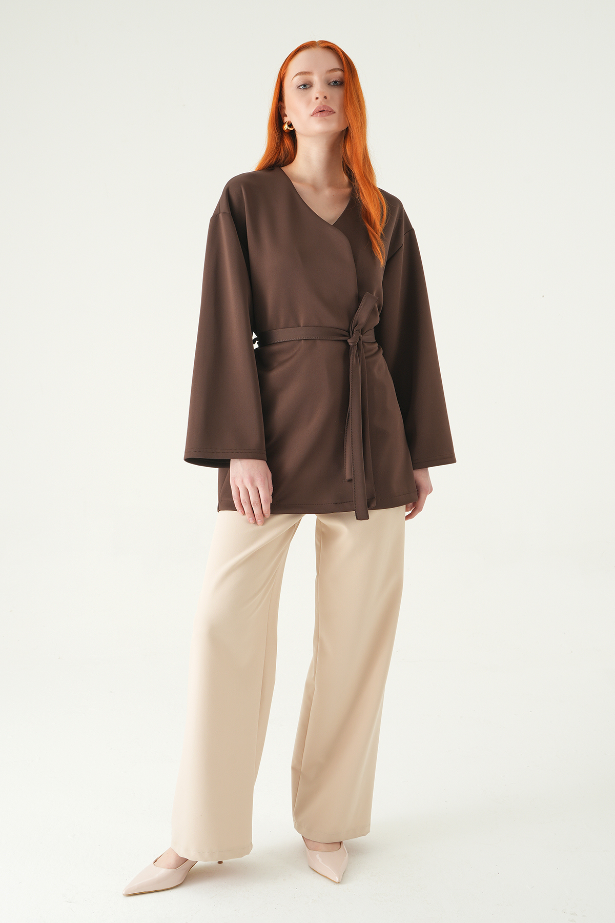 3068A Kuşaklı Geniş Kol Kimono Kahve - RAYS