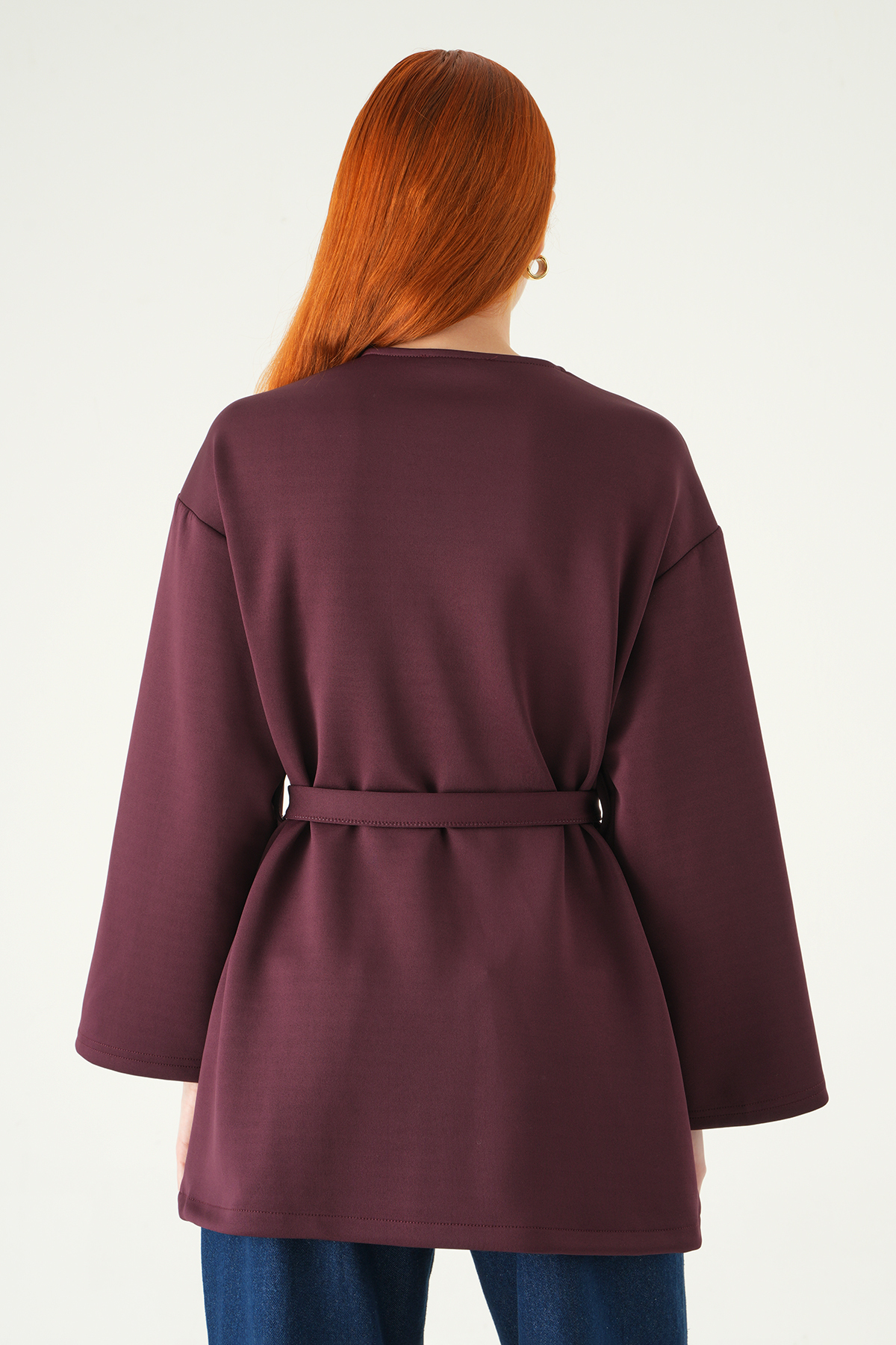 Kuşaklı Geniş Kol Kimono 3068A Mürdüm - 5