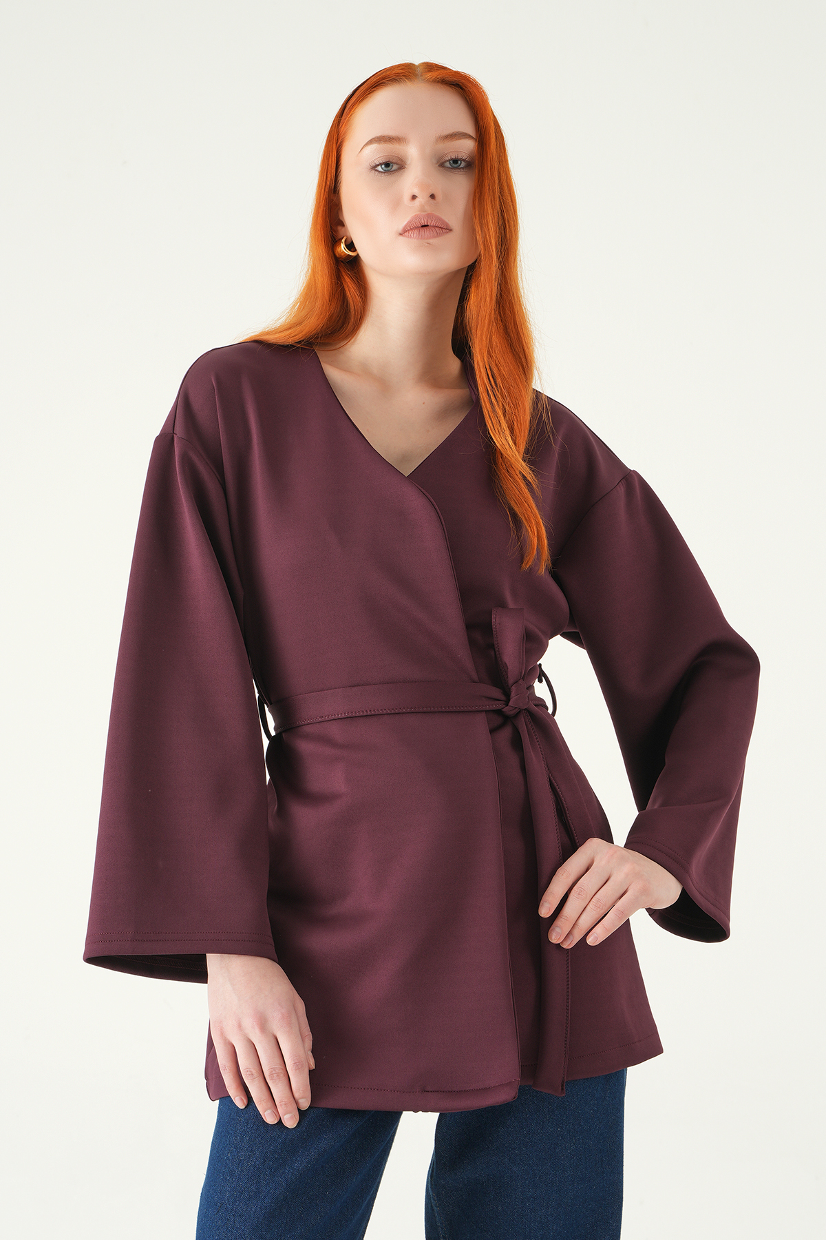 Kuşaklı Geniş Kol Kimono 3068A Mürdüm - 6