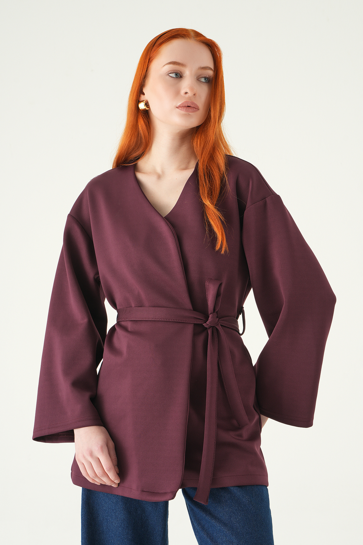 3068A Kuşaklı Geniş Kol Kimono Mürdüm - RAYS (1)