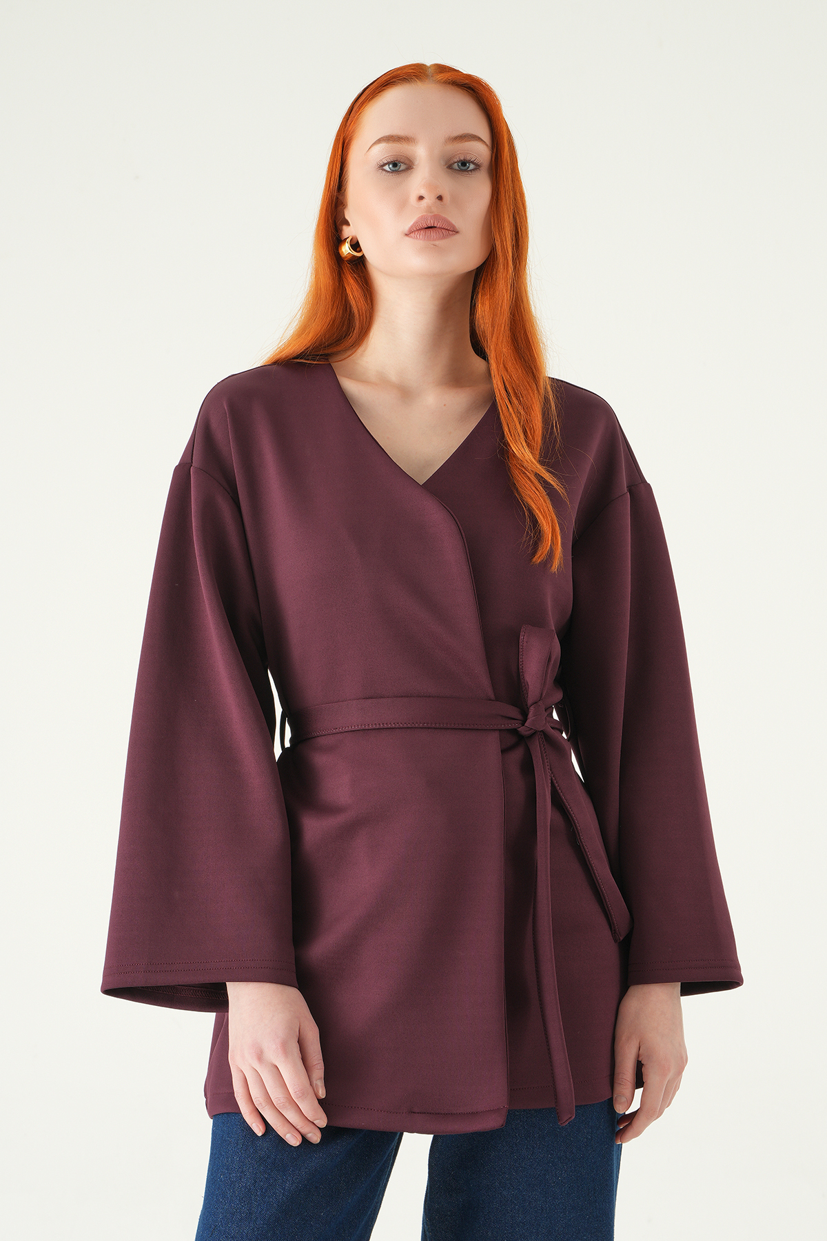 3068A Kuşaklı Geniş Kol Kimono Mürdüm - RAYS