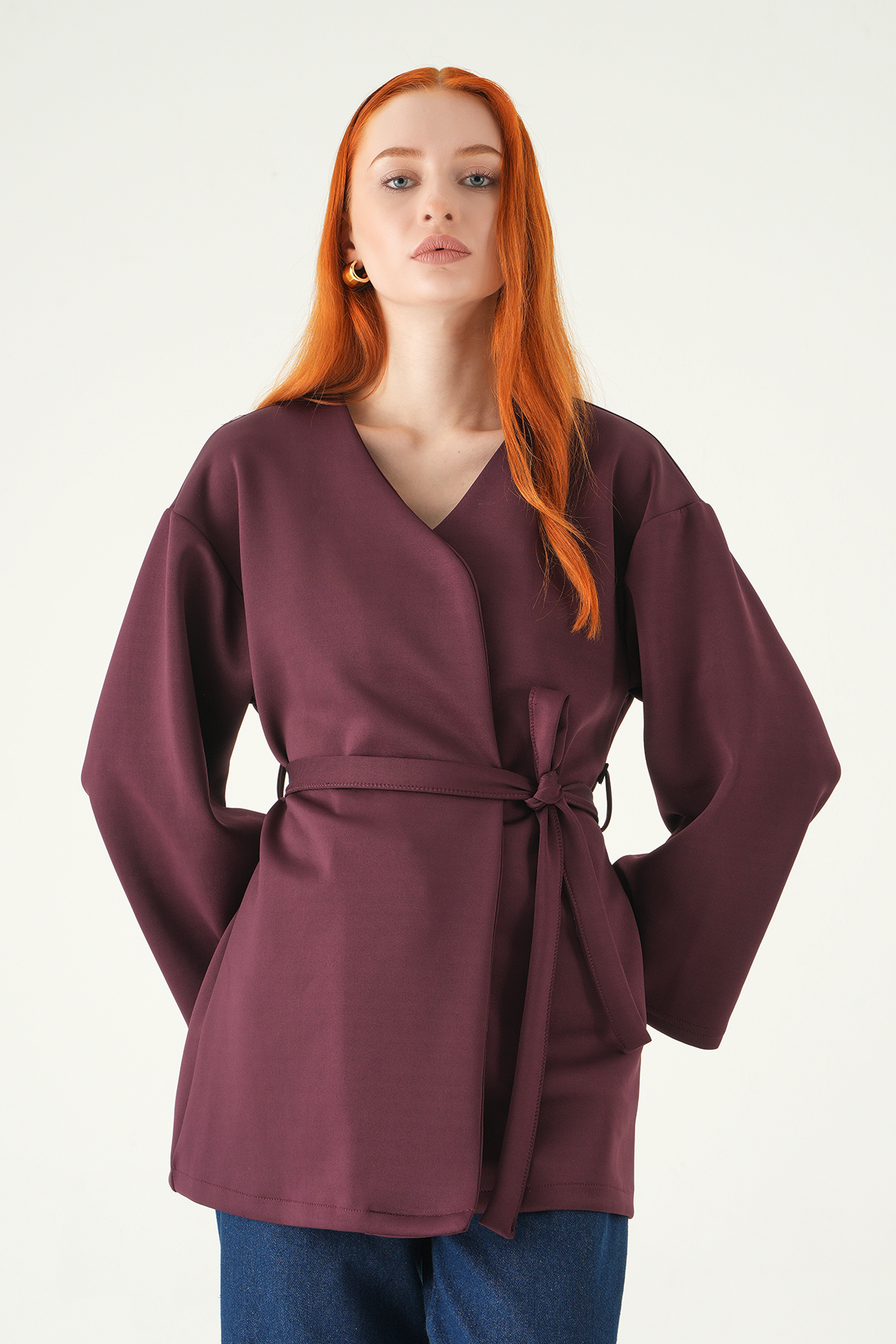 Mürdüm Kuşaklı Geniş Kol Kimono 3068A - 7