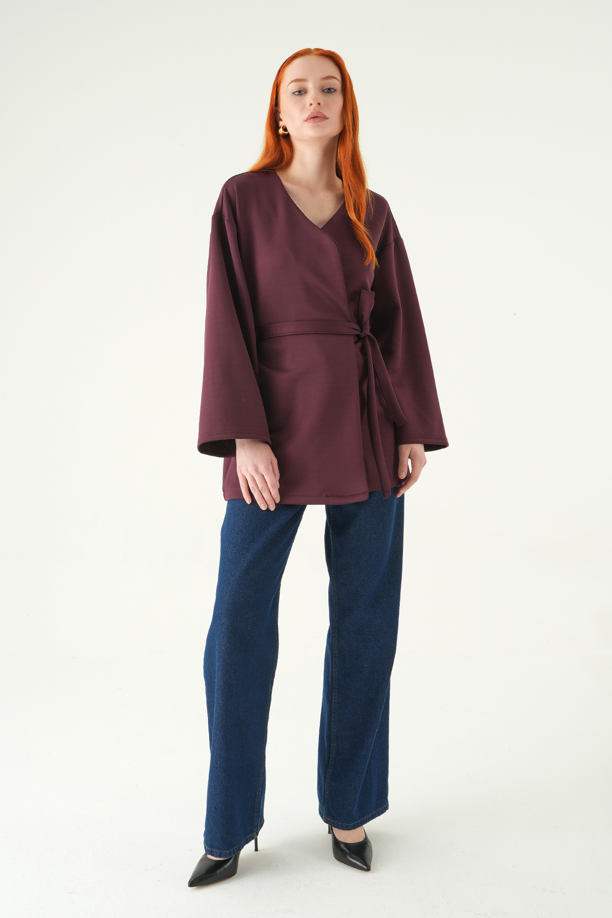 Mürdüm Kuşaklı Geniş Kol Kimono 3068A - RAYS