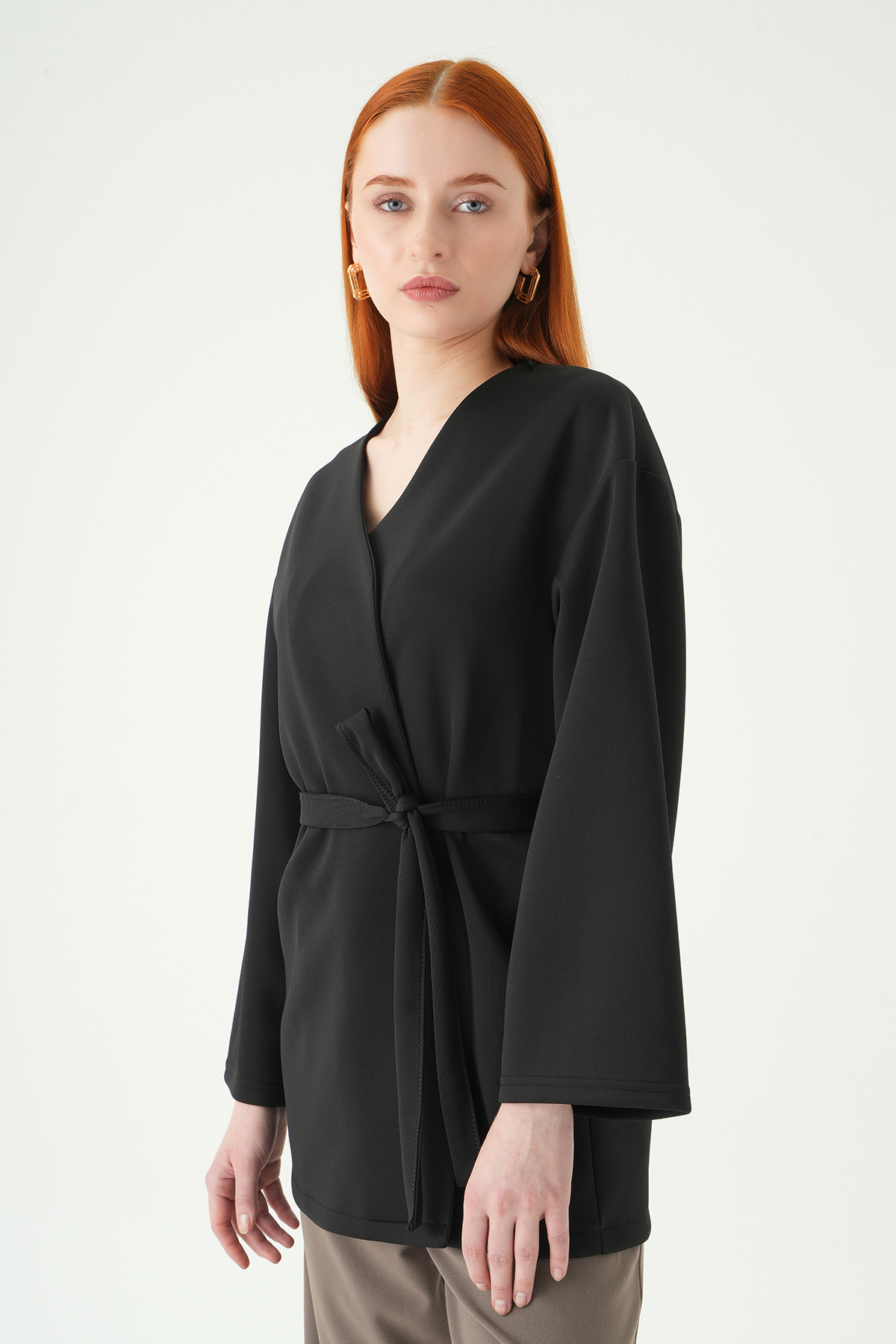Kuşaklı Geniş Kol Kimono 3068A Siyah - 6