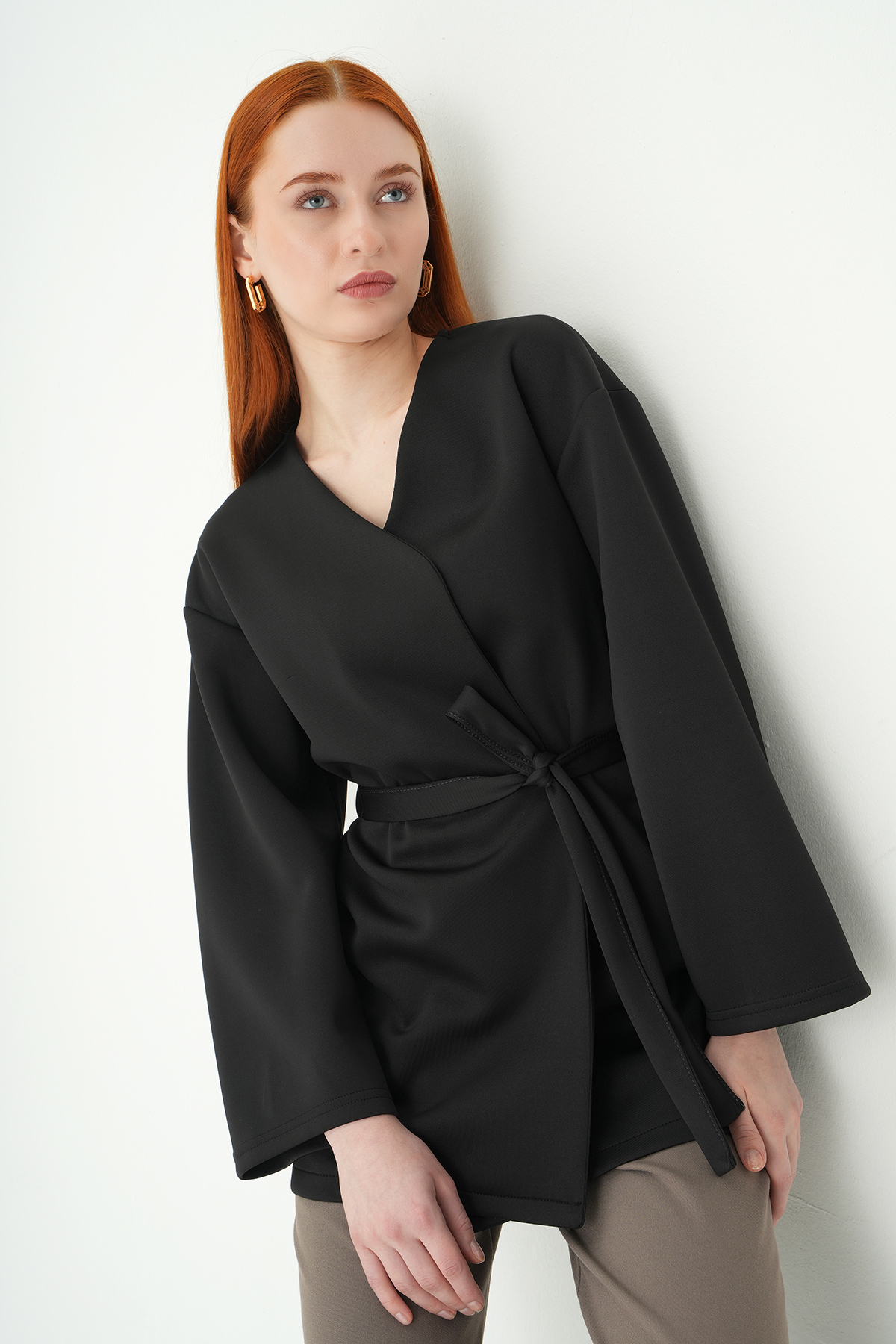 Kuşaklı Geniş Kol Kimono 3068A Siyah - 7