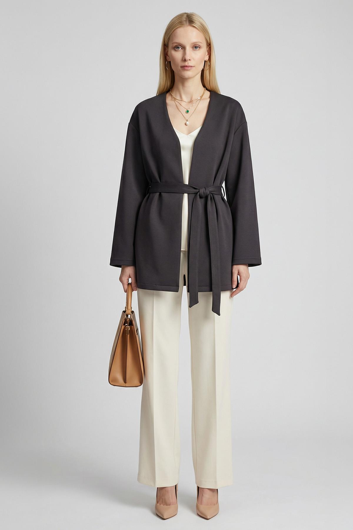 3068A Kuşaklı Geniş Kol Kimono Siyah - 1