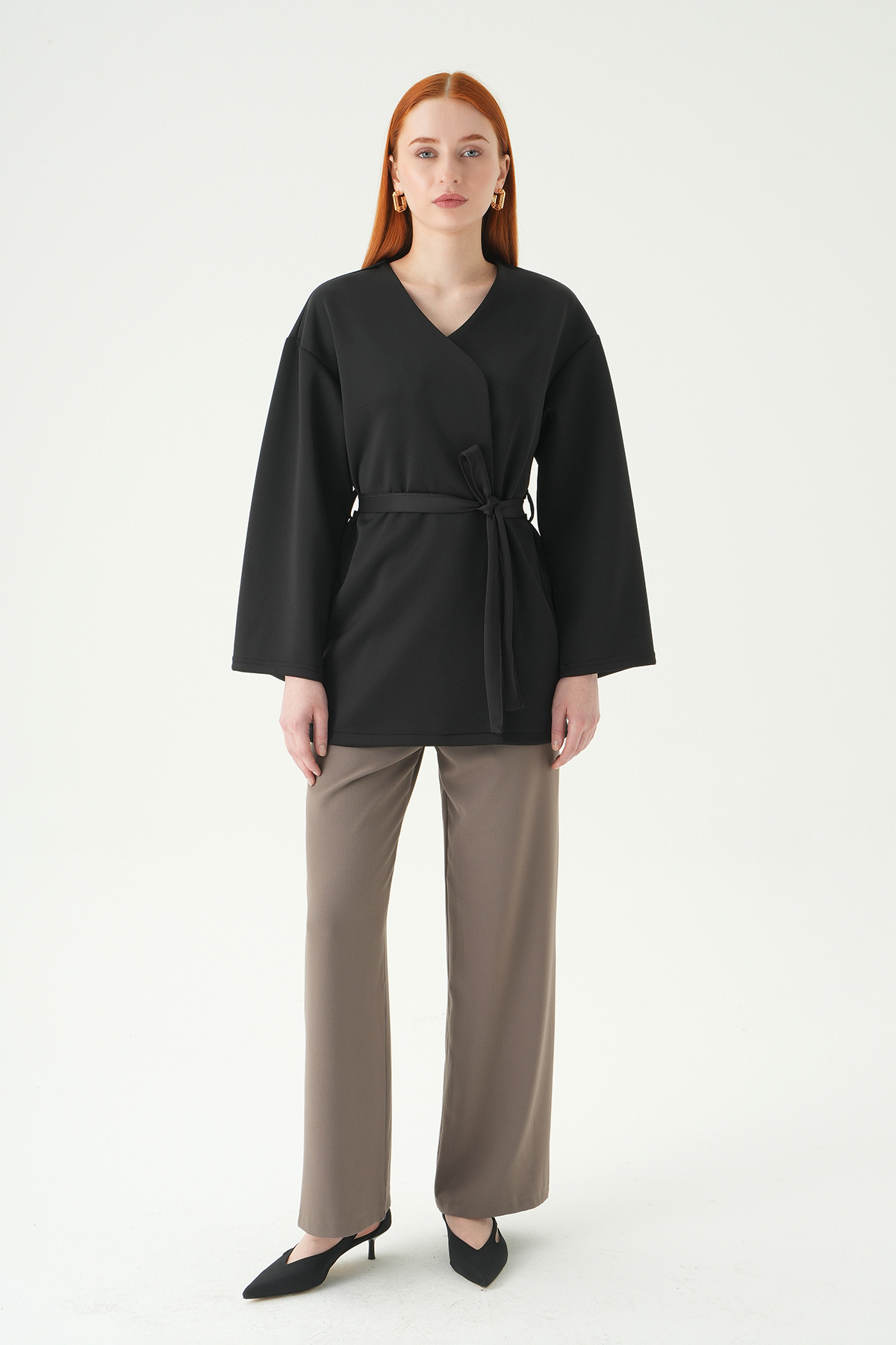 3068A Kuşaklı Geniş Kol Kimono Siyah - RAYS