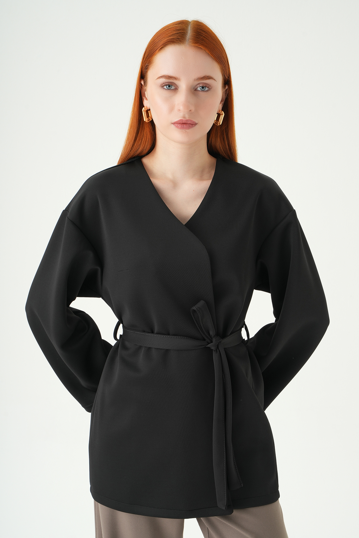 Siyah Kuşaklı Geniş Kol Kimono 3068A - 2