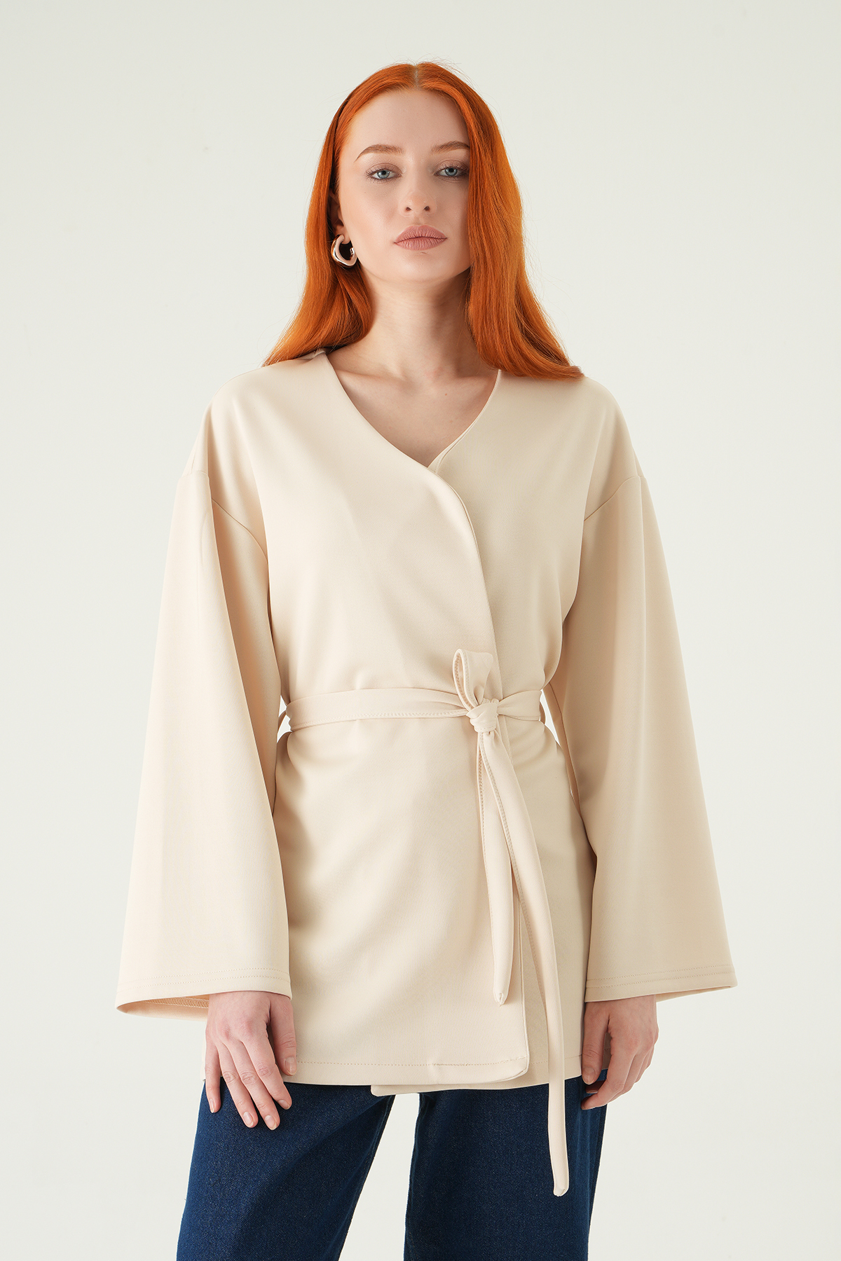 Kuşaklı Geniş Kol Kimono 3068A Taş - RAYS