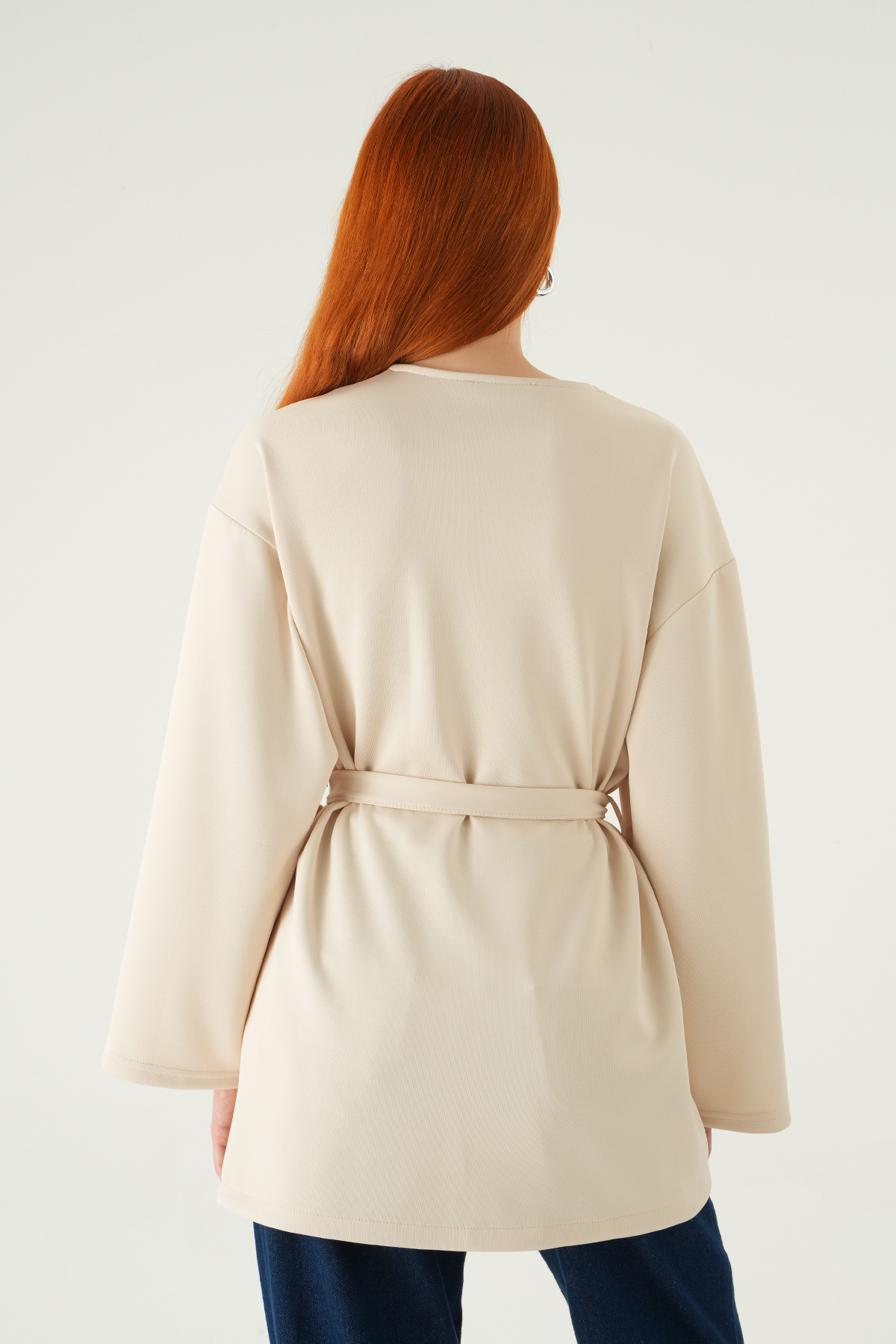 Kuşaklı Geniş Kol Kimono 3068A Taş - 5