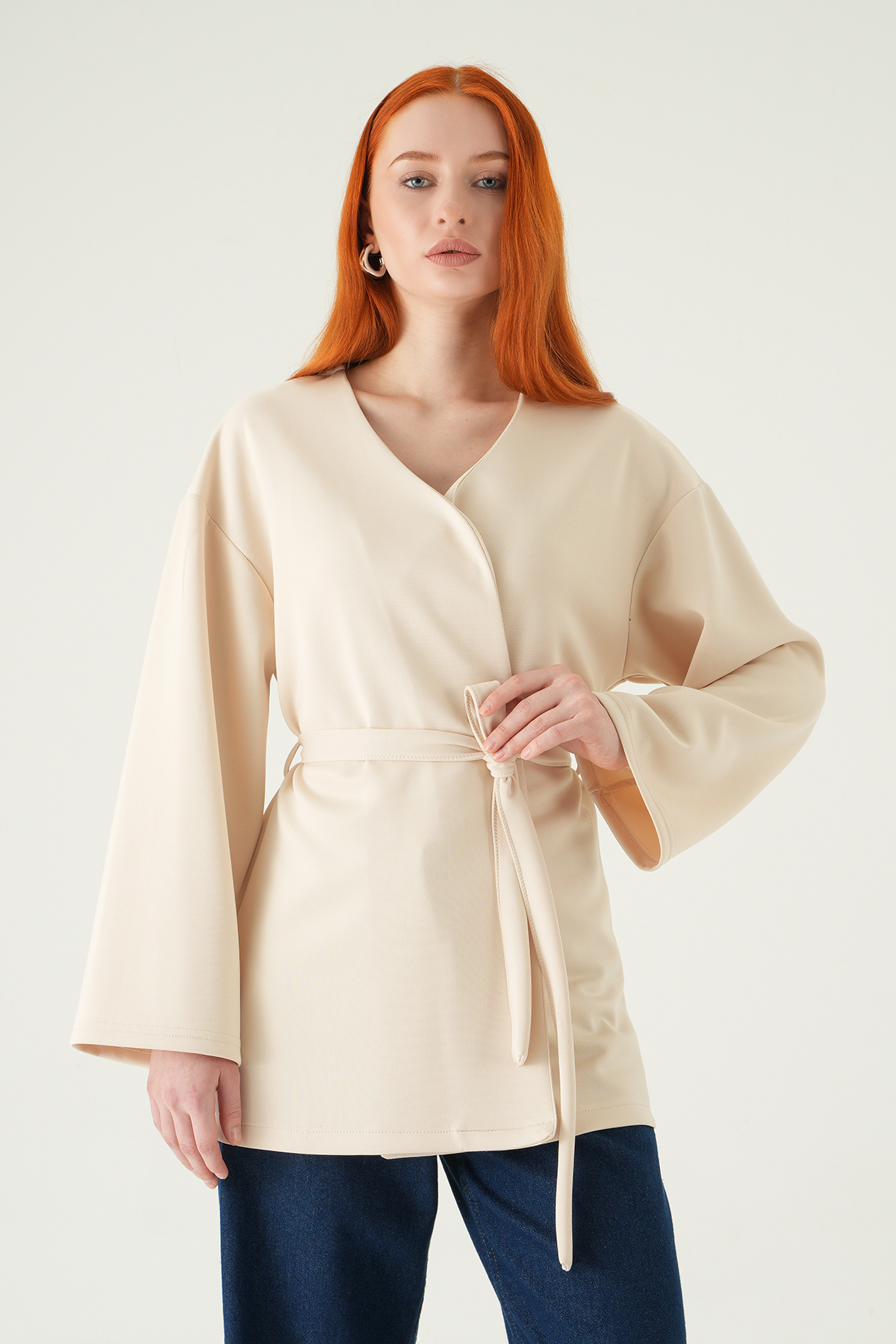 Kuşaklı Geniş Kol Kimono 3068A Taş - 6