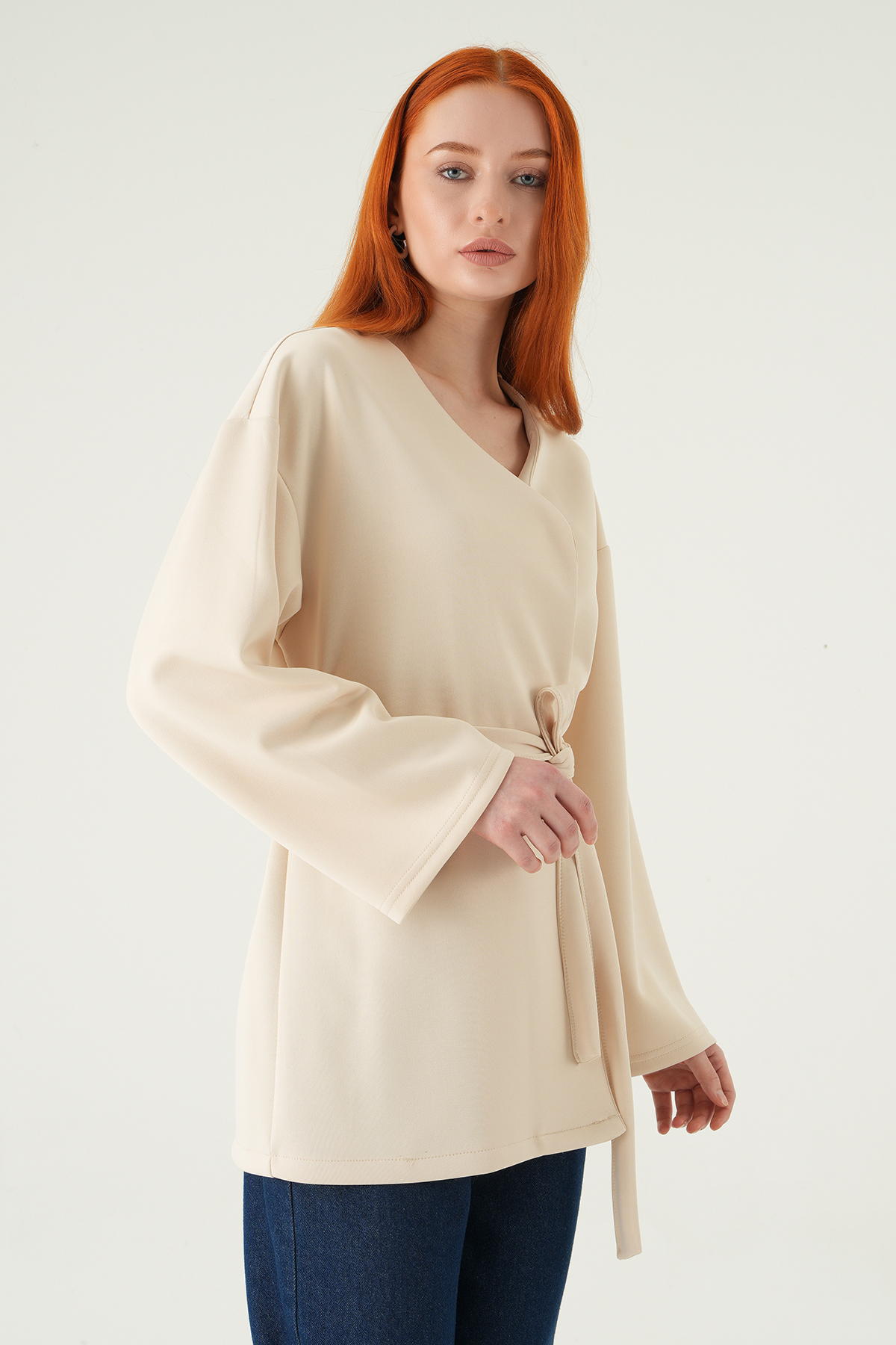 Kuşaklı Geniş Kol Kimono 3068A Taş - 7