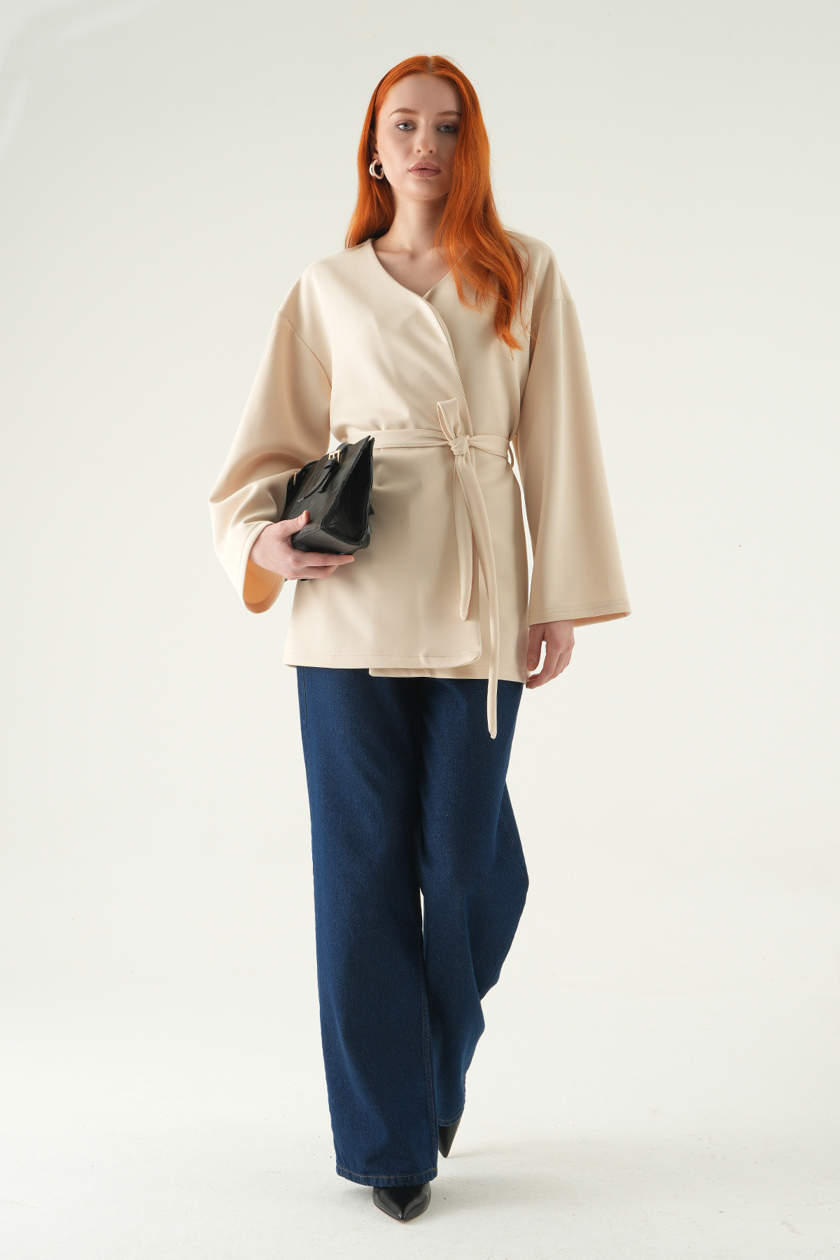 3068A Kuşaklı Geniş Kol Kimono Taş - RAYS