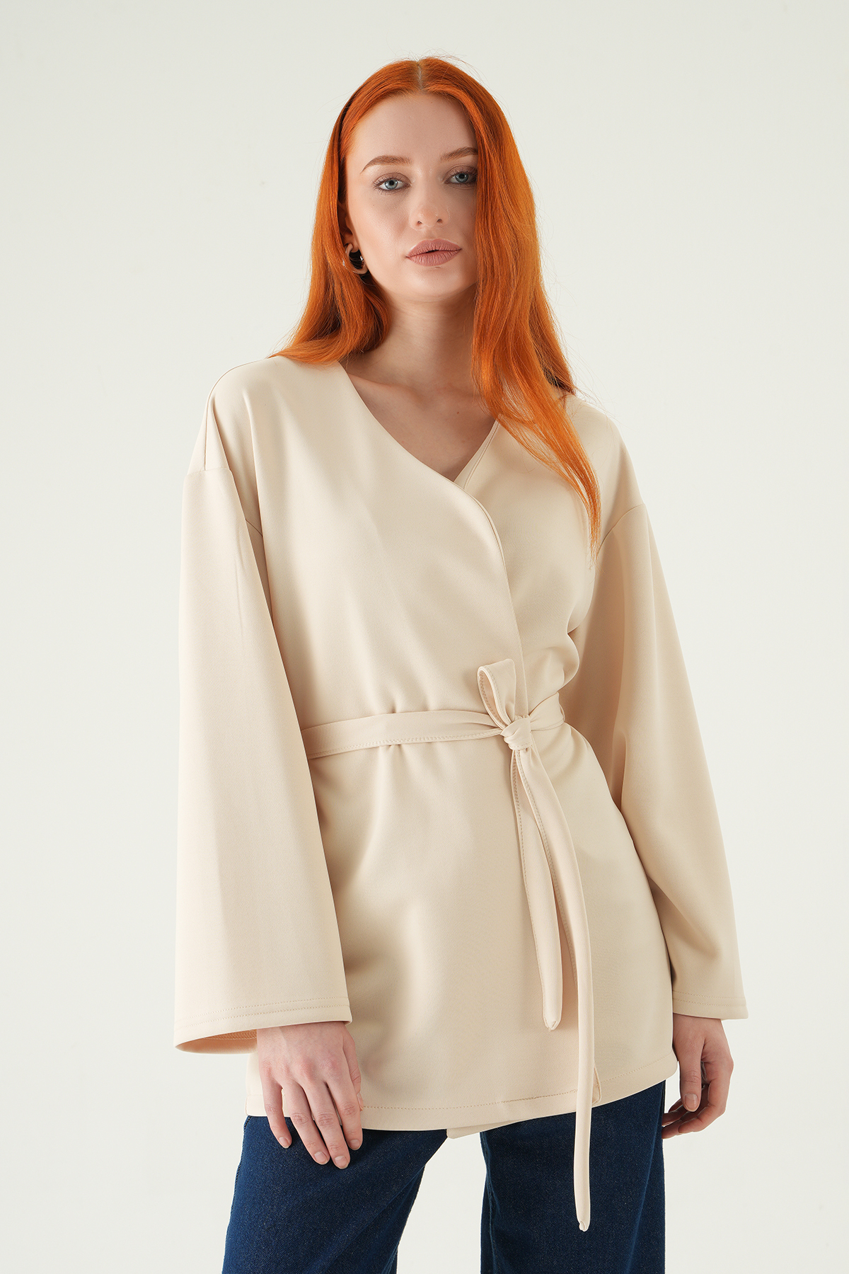 3068A Kuşaklı Geniş Kol Kimono Taş - RAYS