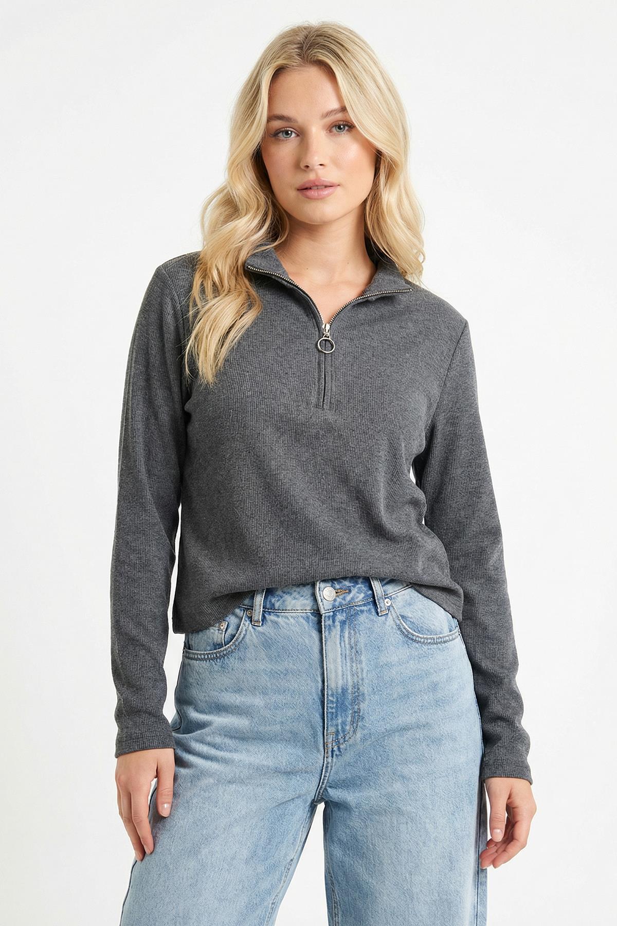 3069A Fermuarlı Uzun Kol Kazak Antrasit - 1