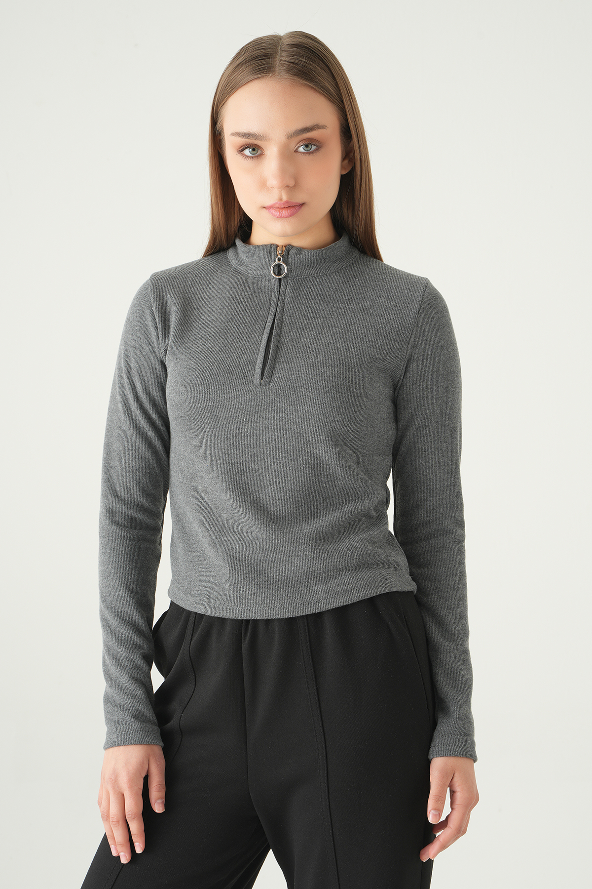 Antrasit Fermuarlı Uzun Kol Kazak 3069A - 2