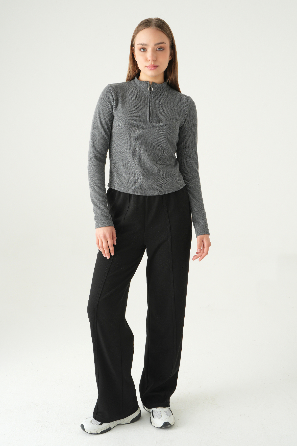 Antrasit Fermuarlı Uzun Kol Kazak 3069A - 3