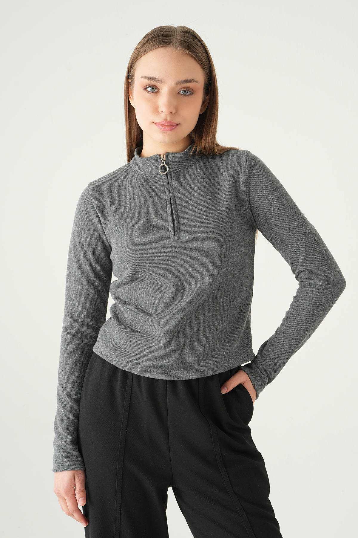 Antrasit Fermuarlı Uzun Kol Kazak 3069A - 6