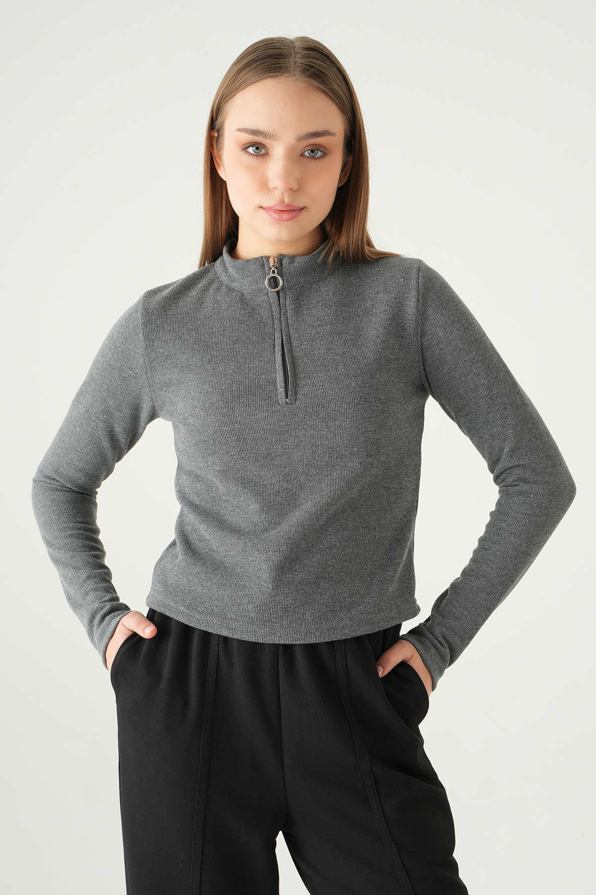 Antrasit Fermuarlı Uzun Kol Kazak 3069A - 7