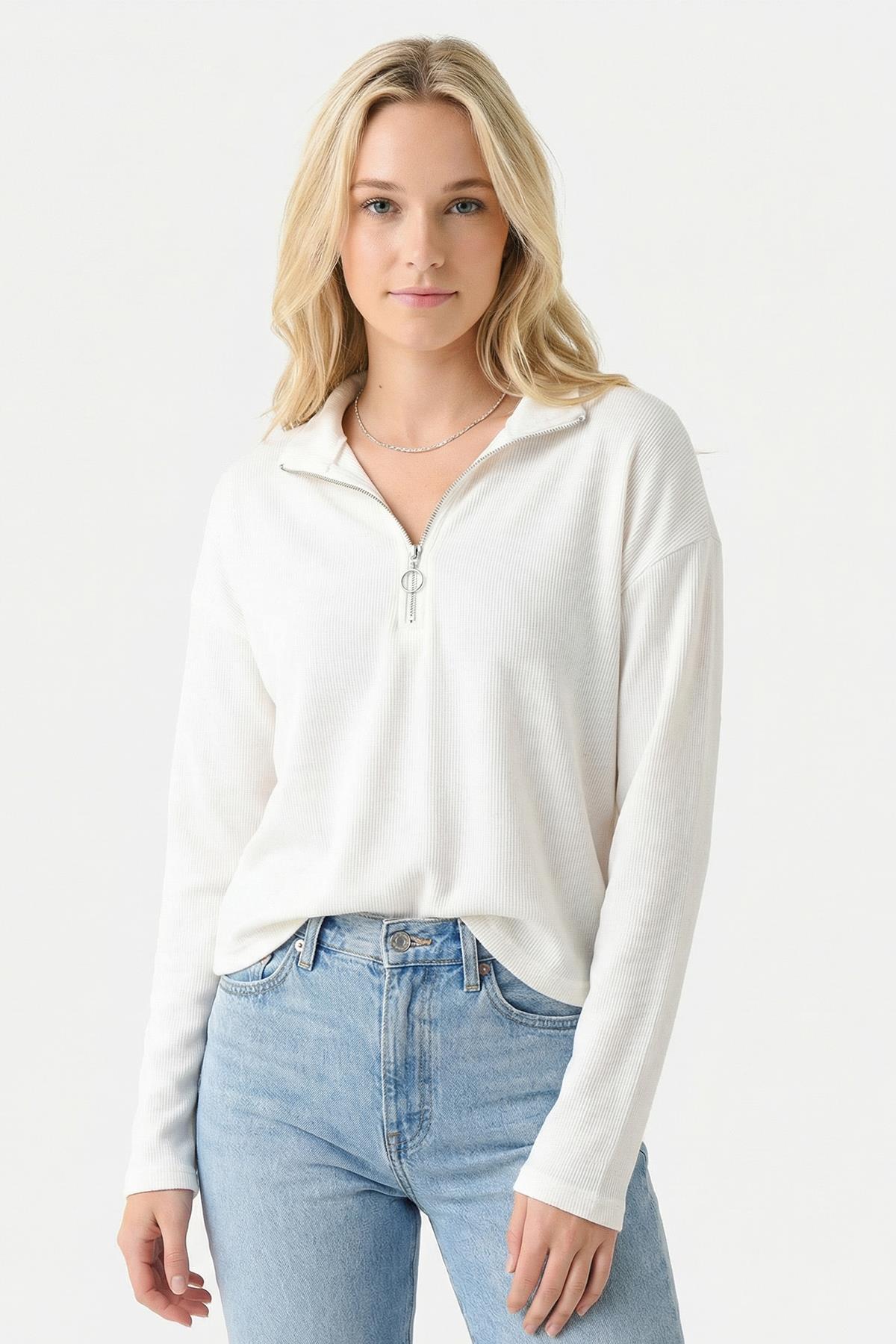 3069A Fermuarlı Uzun Kol Kazak Ekru - RAYS