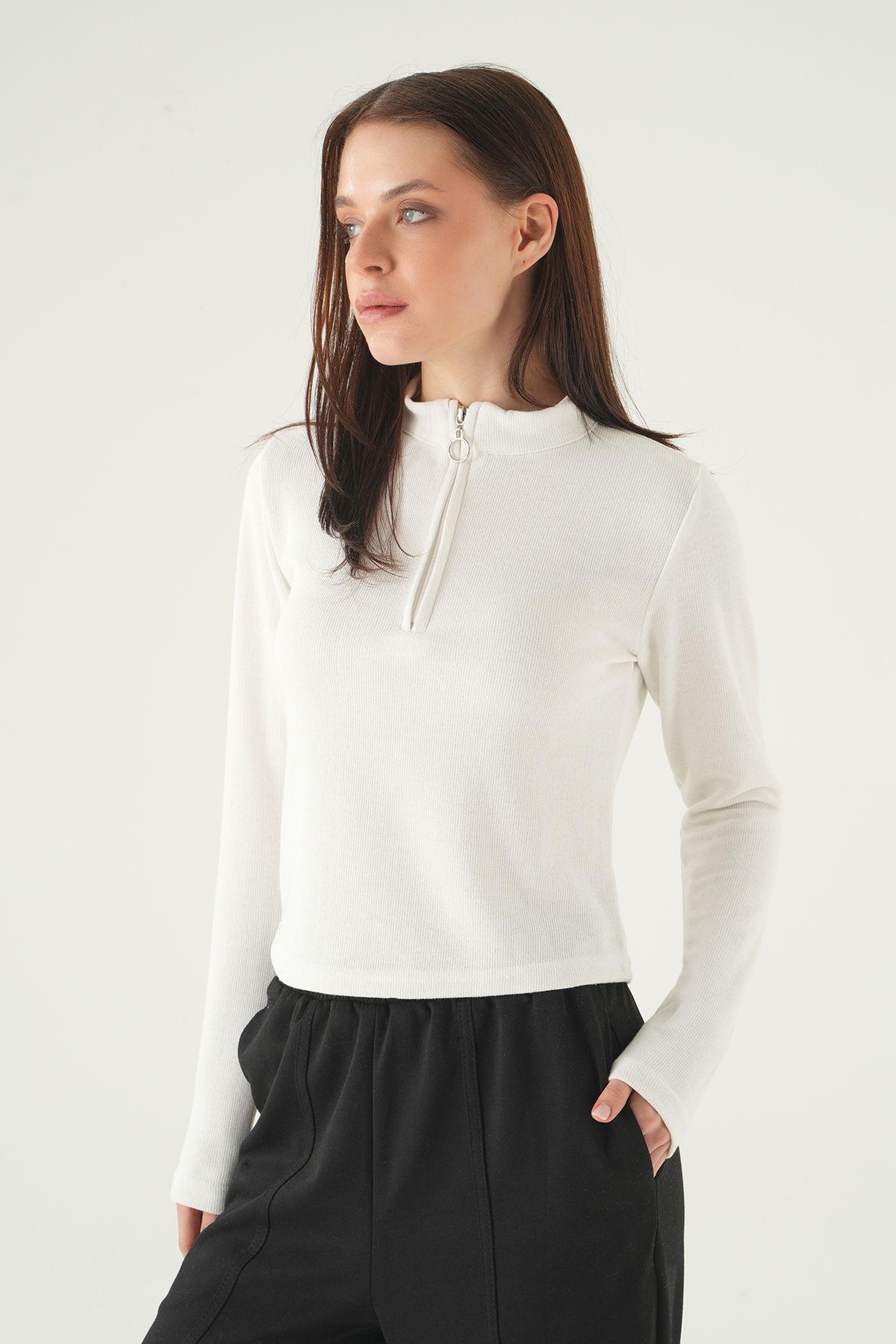 3069A Fermuarlı Uzun Kol Kazak Ekru - RAYS