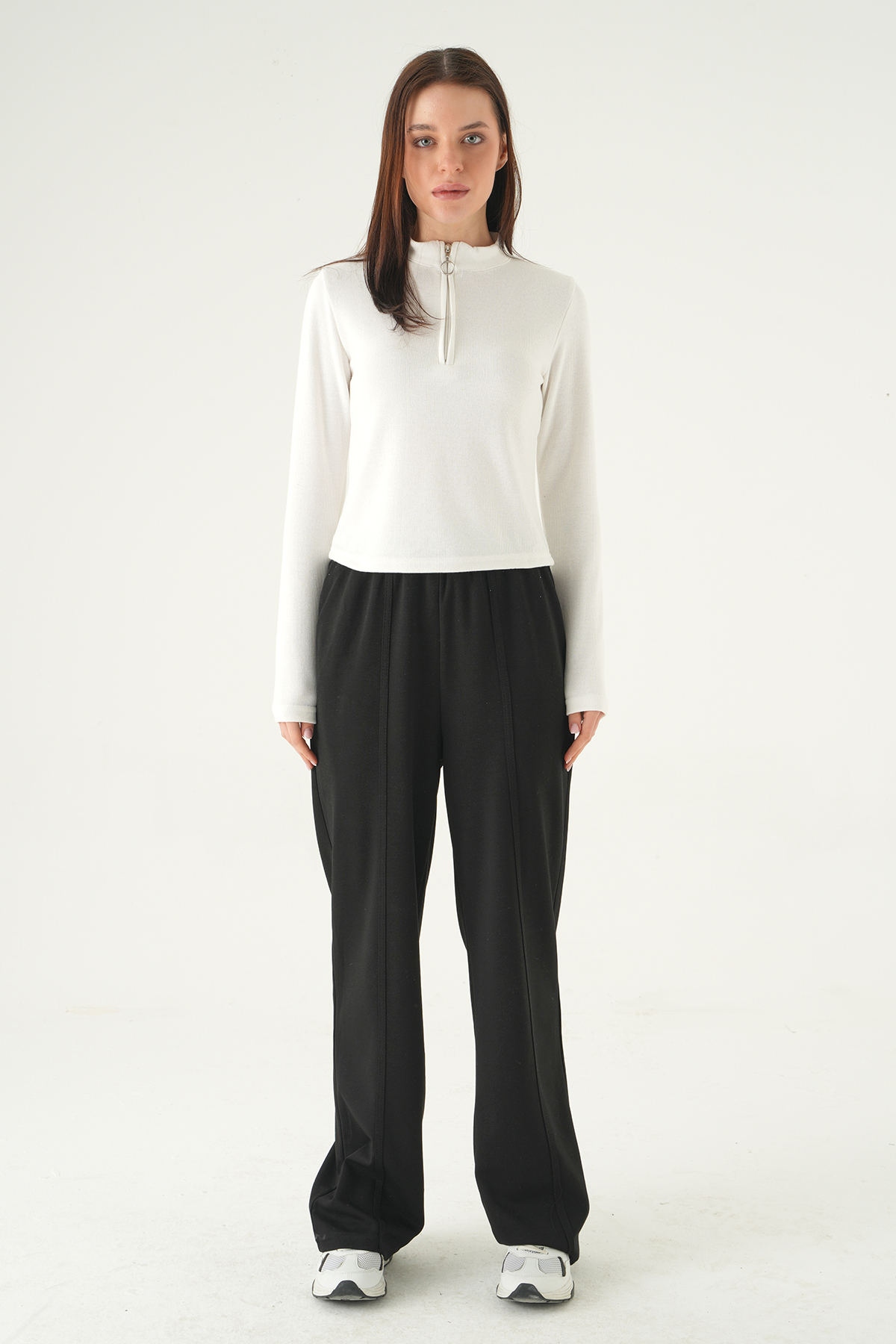 3069A Fermuarlı Uzun Kol Kazak Ekru - RAYS