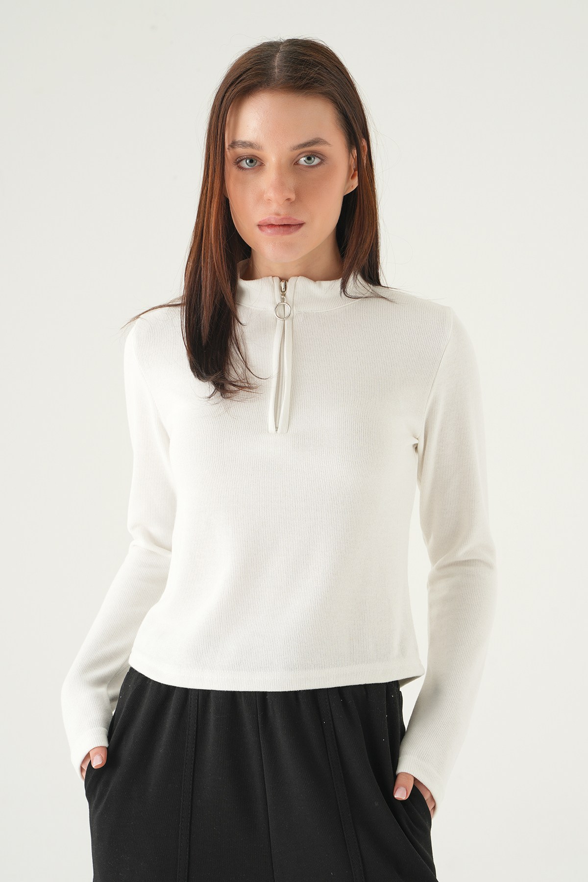 Ekru Fermuarlı Uzun Kol Kazak 3069A - 1