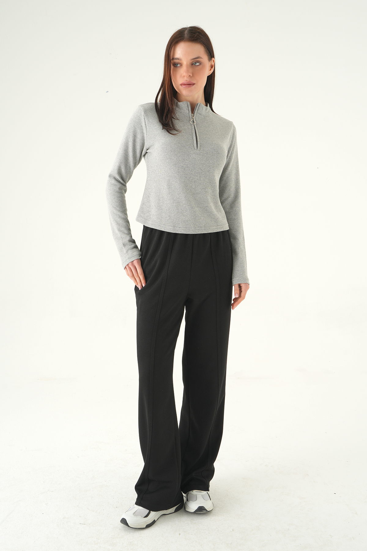 3069A Fermuarlı Uzun Kol Kazak Gri - RAYS