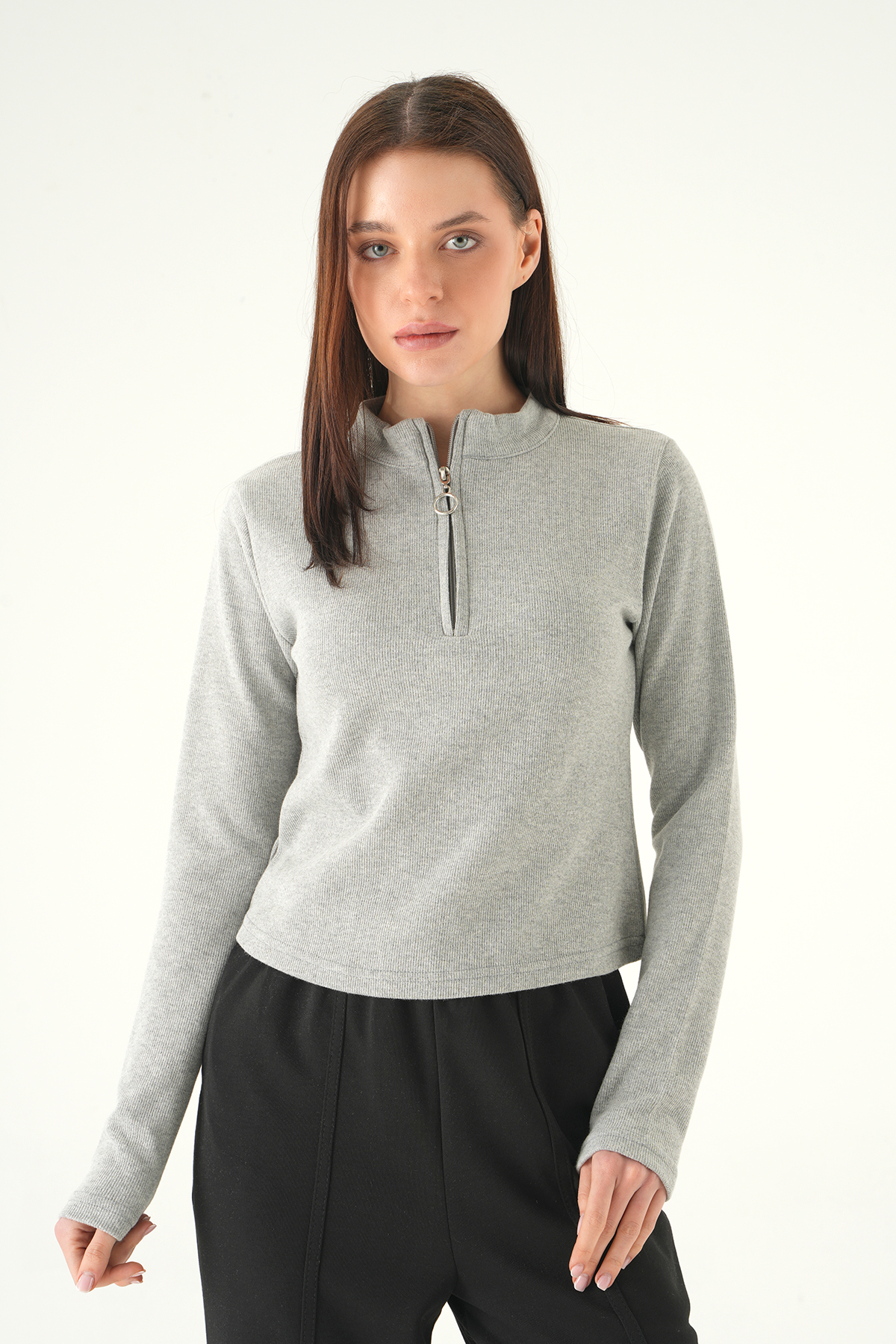 3069A Fermuarlı Uzun Kol Kazak Gri - RAYS