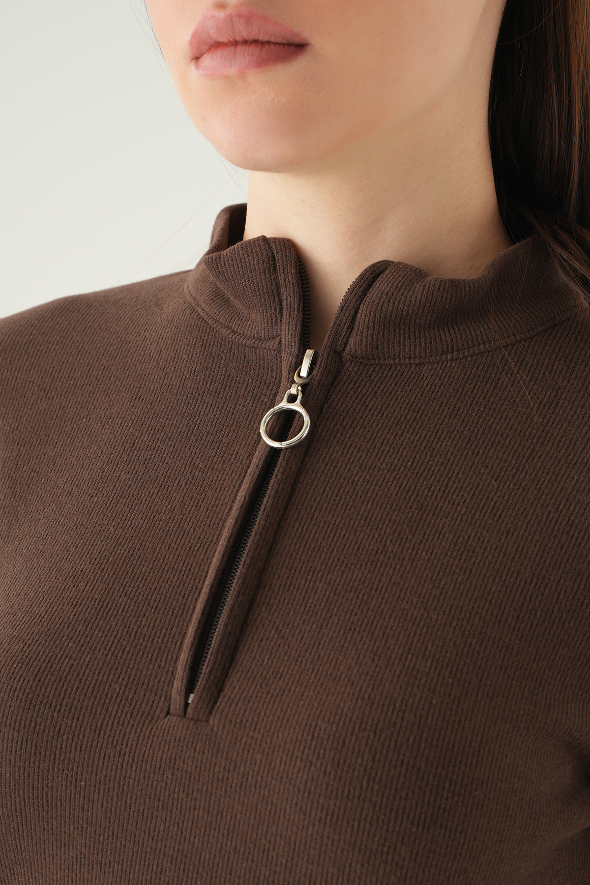 3069A Fermuarlı Uzun Kol Kazak Kahve - RAYS