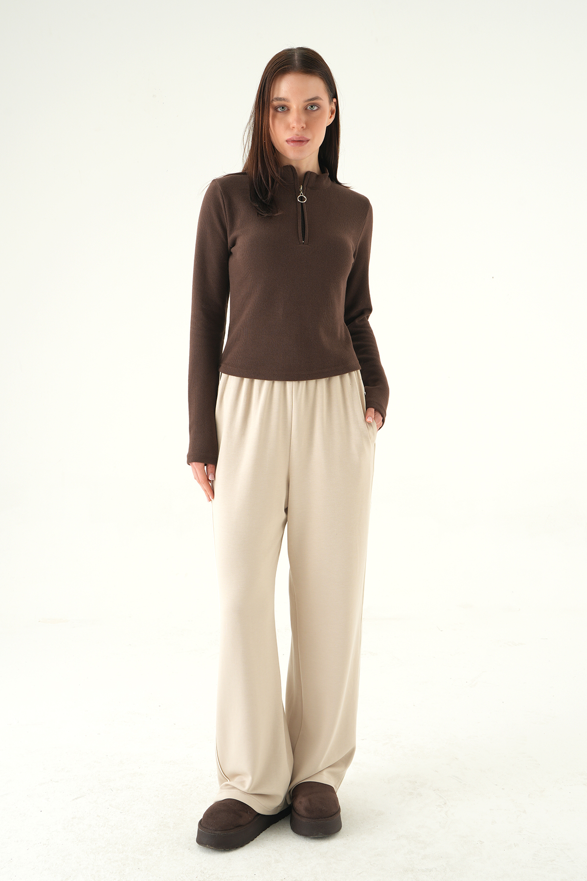 Kahve Fermuarlı Uzun Kol Kazak 3069A - 3