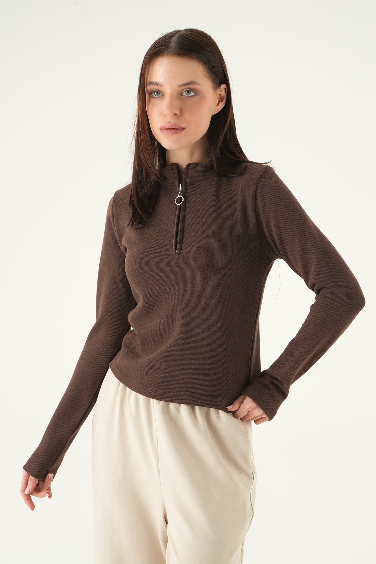 Kahve Fermuarlı Uzun Kol Kazak 3069A - RAYS