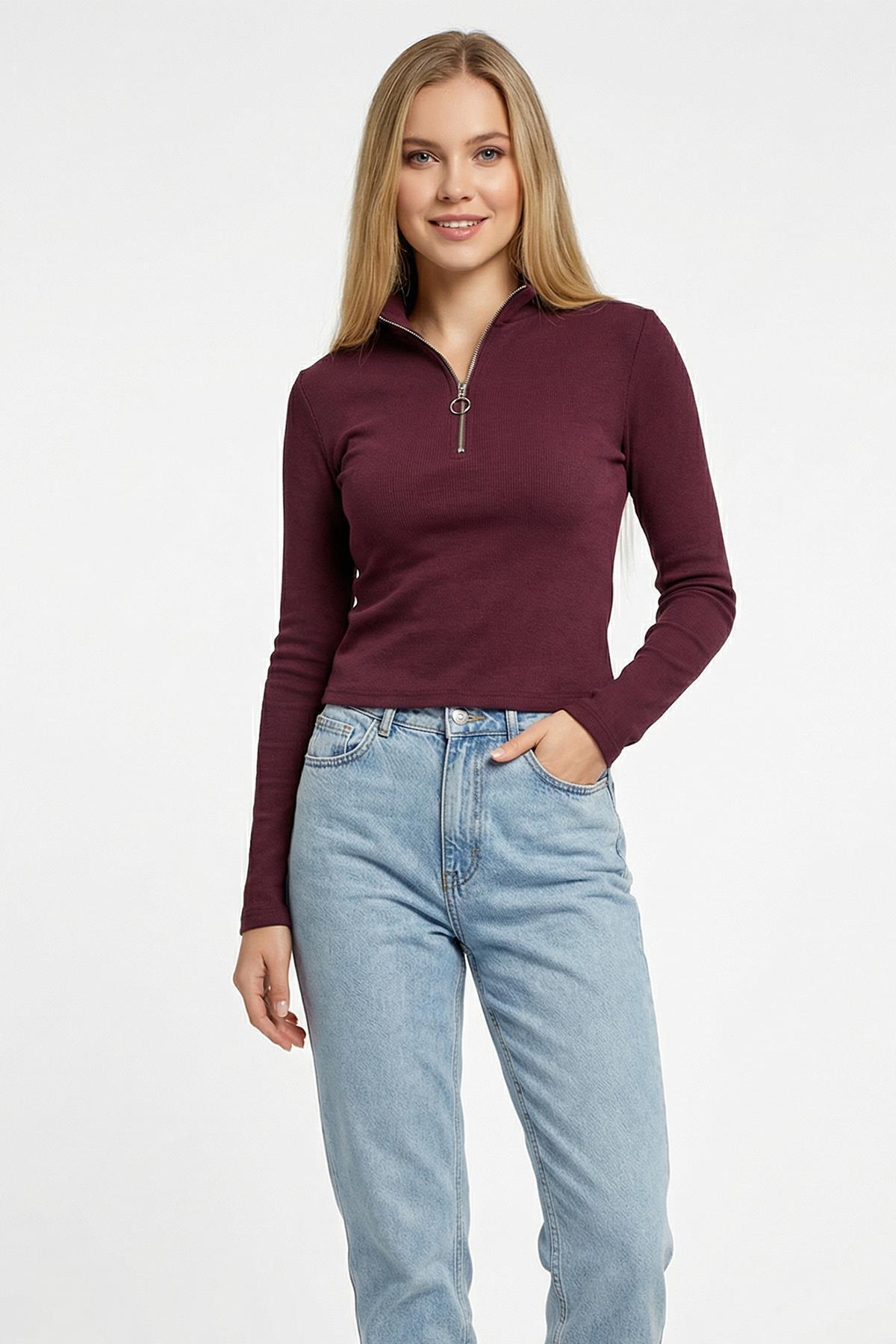 3069A Fermuarlı Uzun Kol Kazak Mürdüm - RAYS