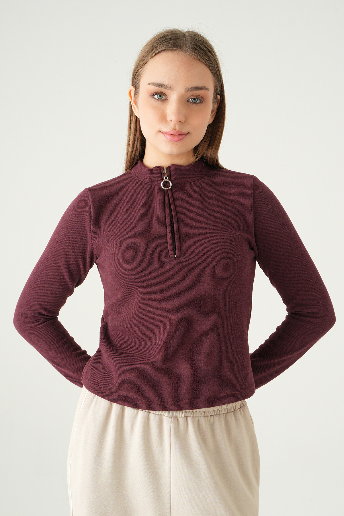 3069A Fermuarlı Uzun Kol Kazak Mürdüm - RAYS