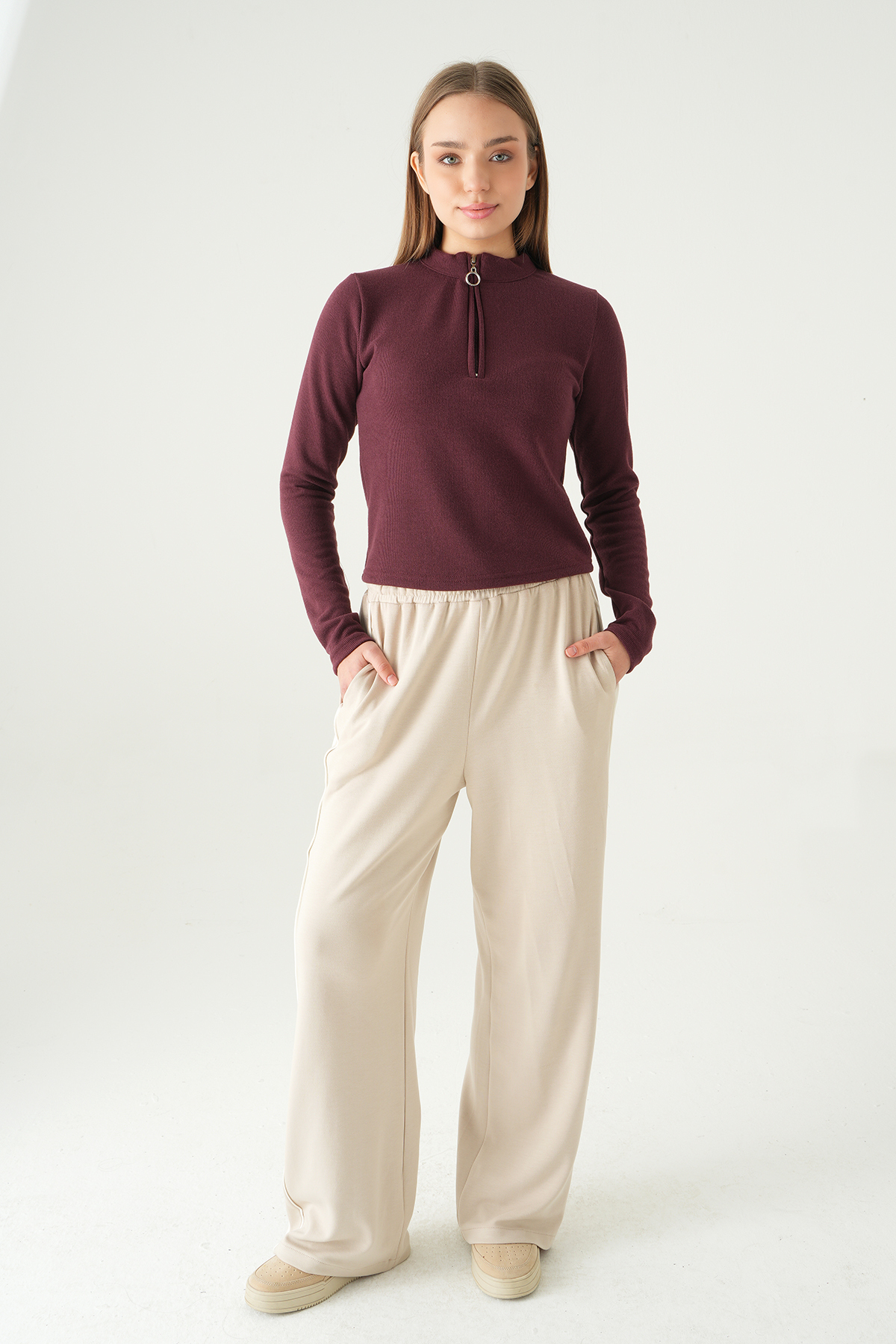 Mürdüm Fermuarlı Uzun Kol Kazak 3069A - 3