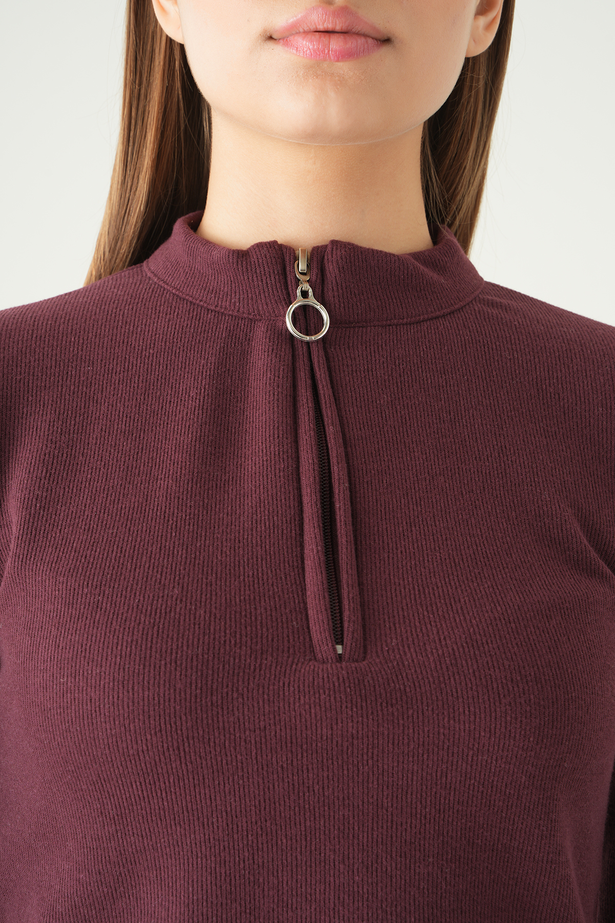 Mürdüm Fermuarlı Uzun Kol Kazak 3069A - 4