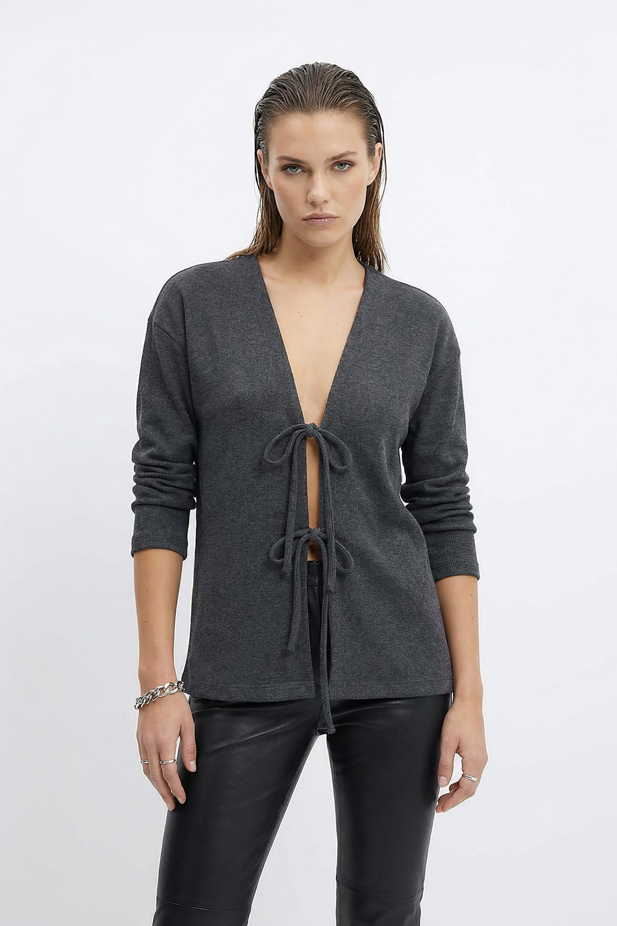 3072A Ön Bağlamalı Uzun Kimono Antrasit - RAYS