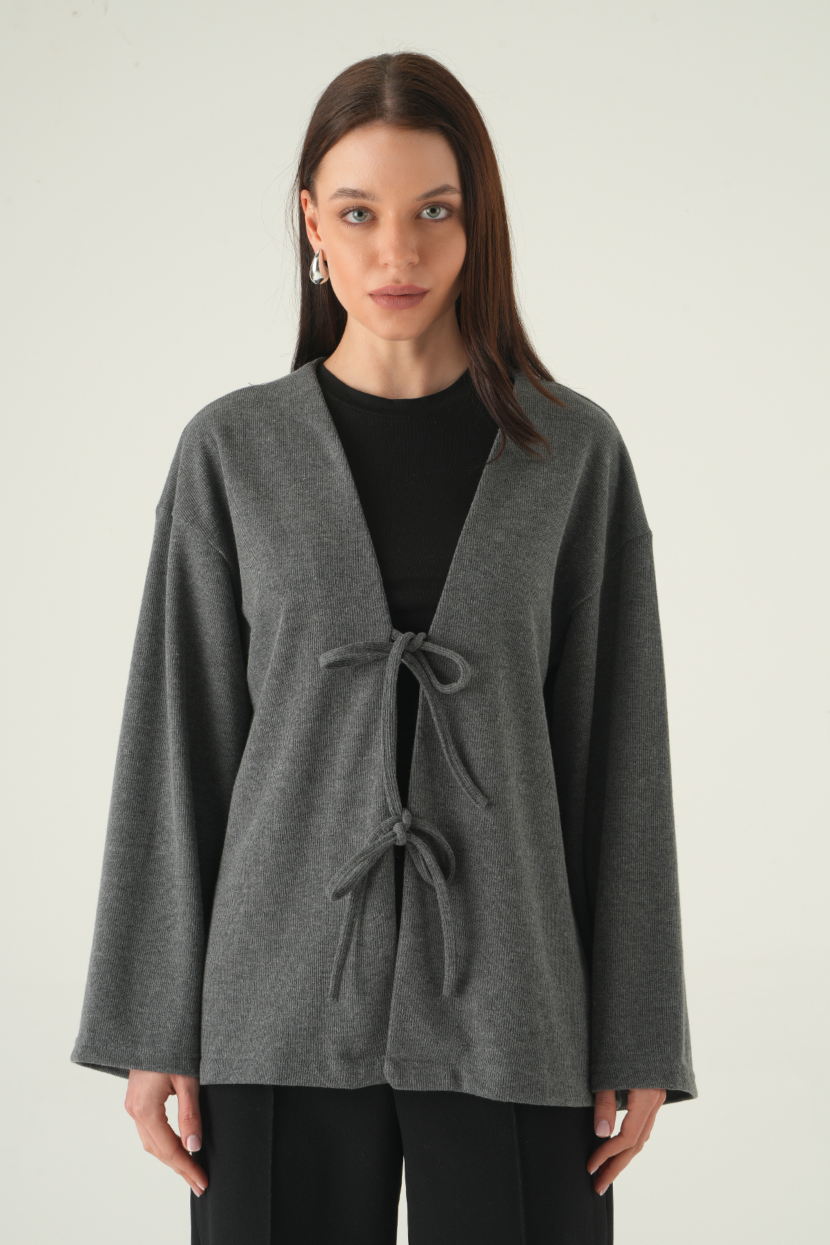 Antrasit Ön Bağlamalı Uzun Kimono 3072A - RAYS