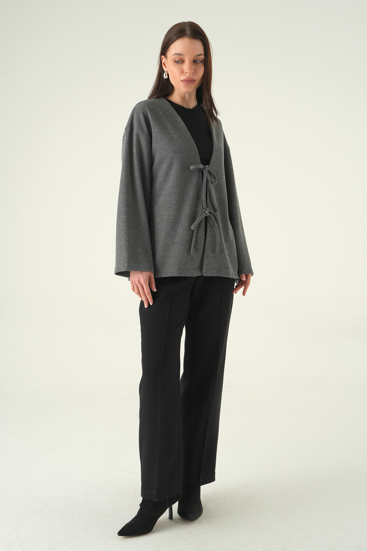 Antrasit Ön Bağlamalı Uzun Kimono 3072A - 3