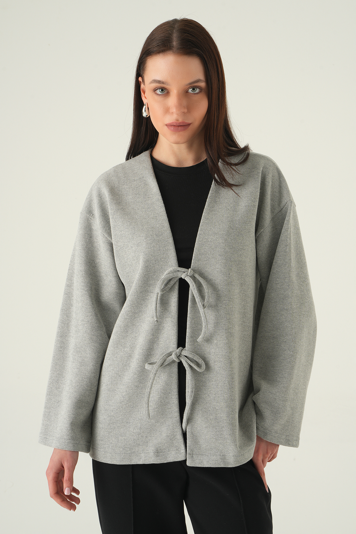3072A Ön Bağlamalı Uzun Kimono Gri - 1