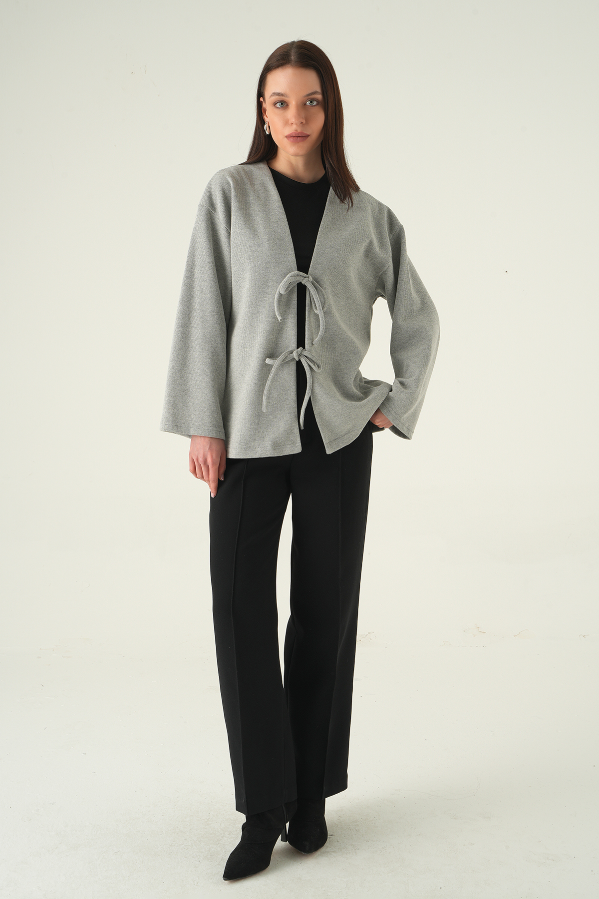 Gri Ön Bağlamalı Uzun Kimono 3072A - RAYS