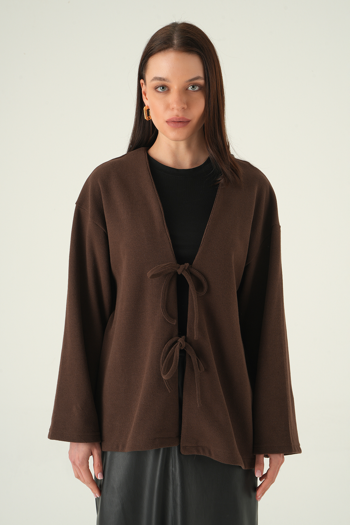 Ön Bağlamalı Uzun Kimono 3072A Kahve - RAYS
