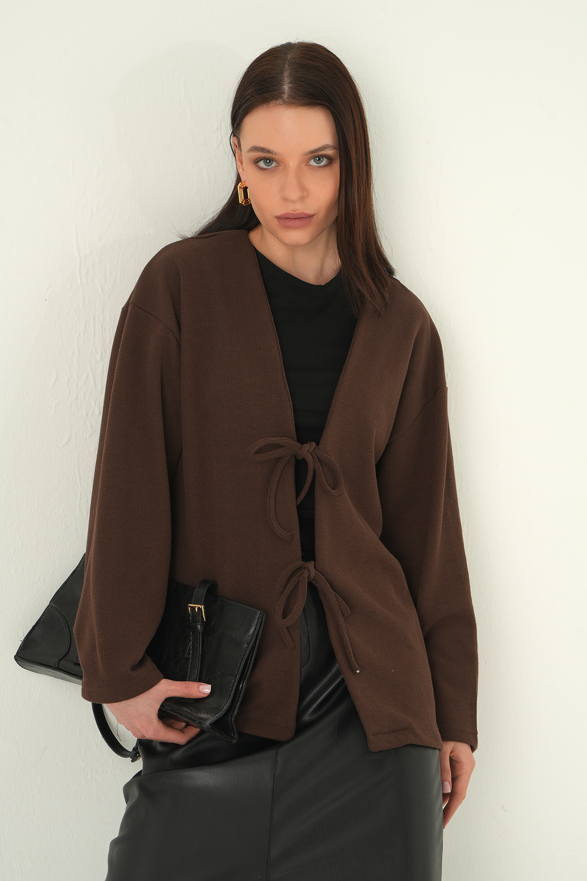 Kahve Ön Bağlamalı Uzun Kimono 3072A 